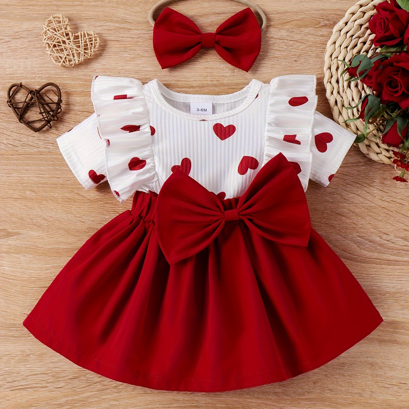 

Baby's Cute Bowknot Decor Heart Pattern Dress, Ruffle Decor Ribbed Short Sleeve Dress, Infant & Toddler Girl's Clothing For Summer/spring, As Gift