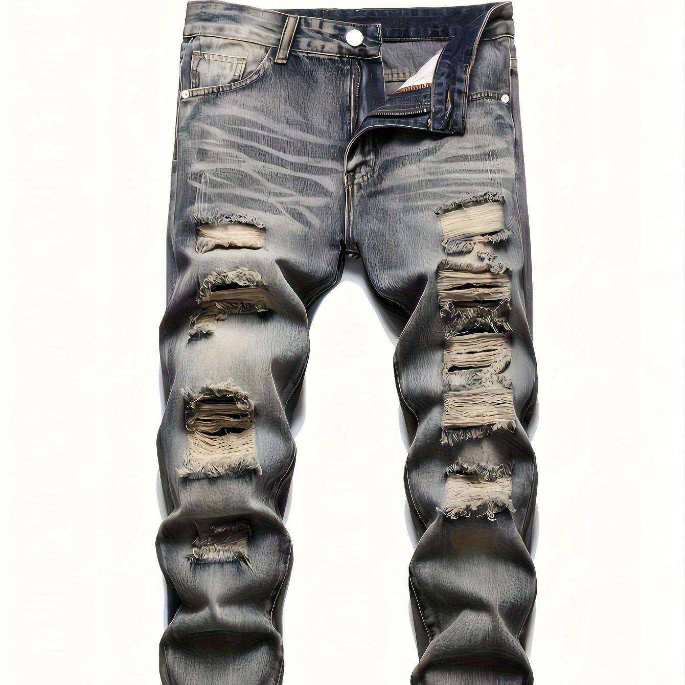 

Men's Slim Fit Distressed Denim Pants, Ripped & Frayed Details, Street Style Fashion