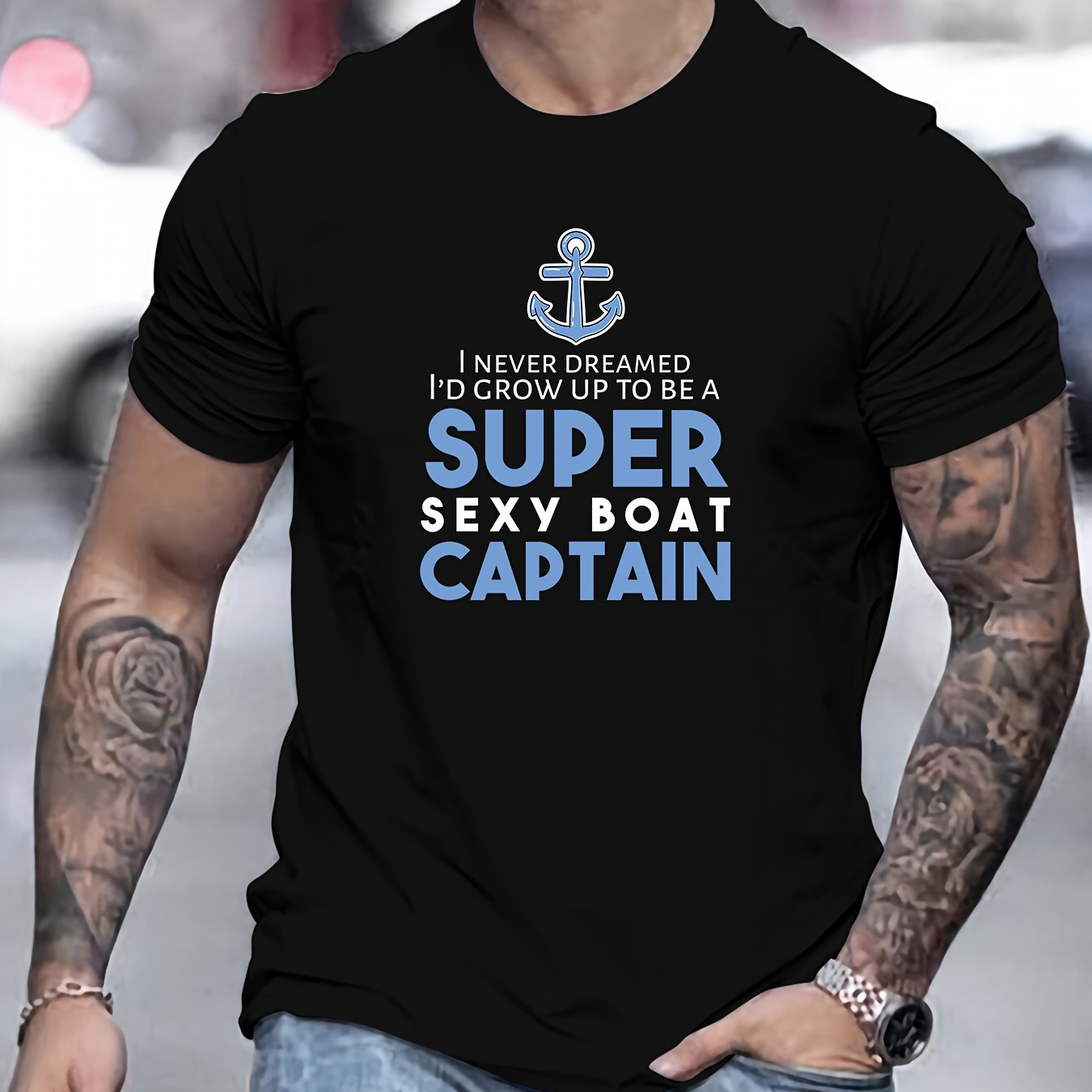

Super Captain Print, Men's Round Crew Neck Short Sleeve, Simple Style Tee Fashion Regular Fit T-shirt, Casual Comfy Top For Spring Summer Holiday Leisure Vacation Men's Clothing As Gift