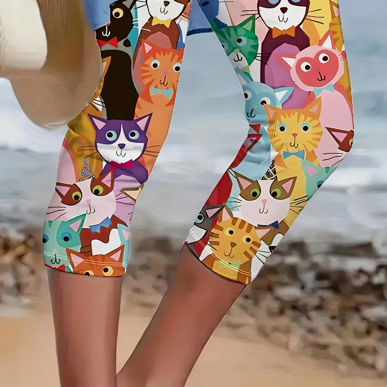 

Plus Size Cartoon Cat Print Skinny Capris Leggings, Casual Crop Leggings For Spring & Summer, Women's Plus Size Clothing