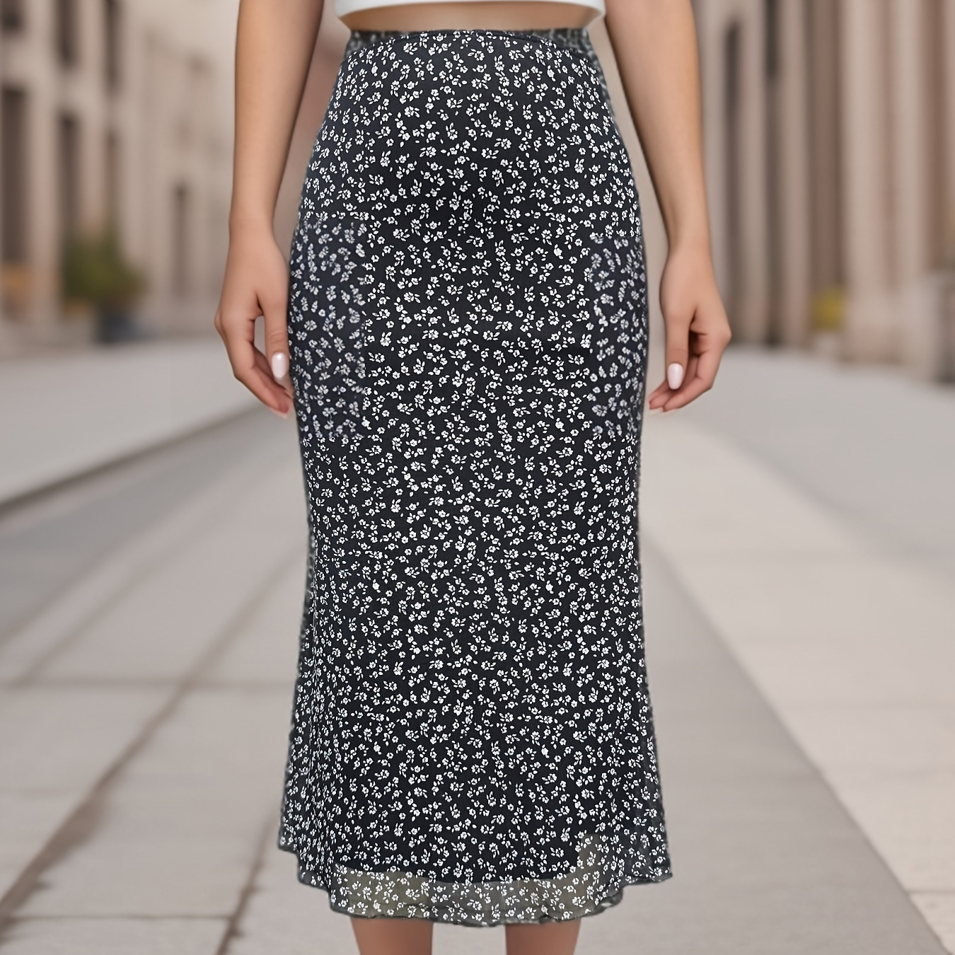 

Floral Print High Waist Skirt, Elegant Midi Slim Fit Skirt For Spring & Summer, Women's Plus Size Clothing