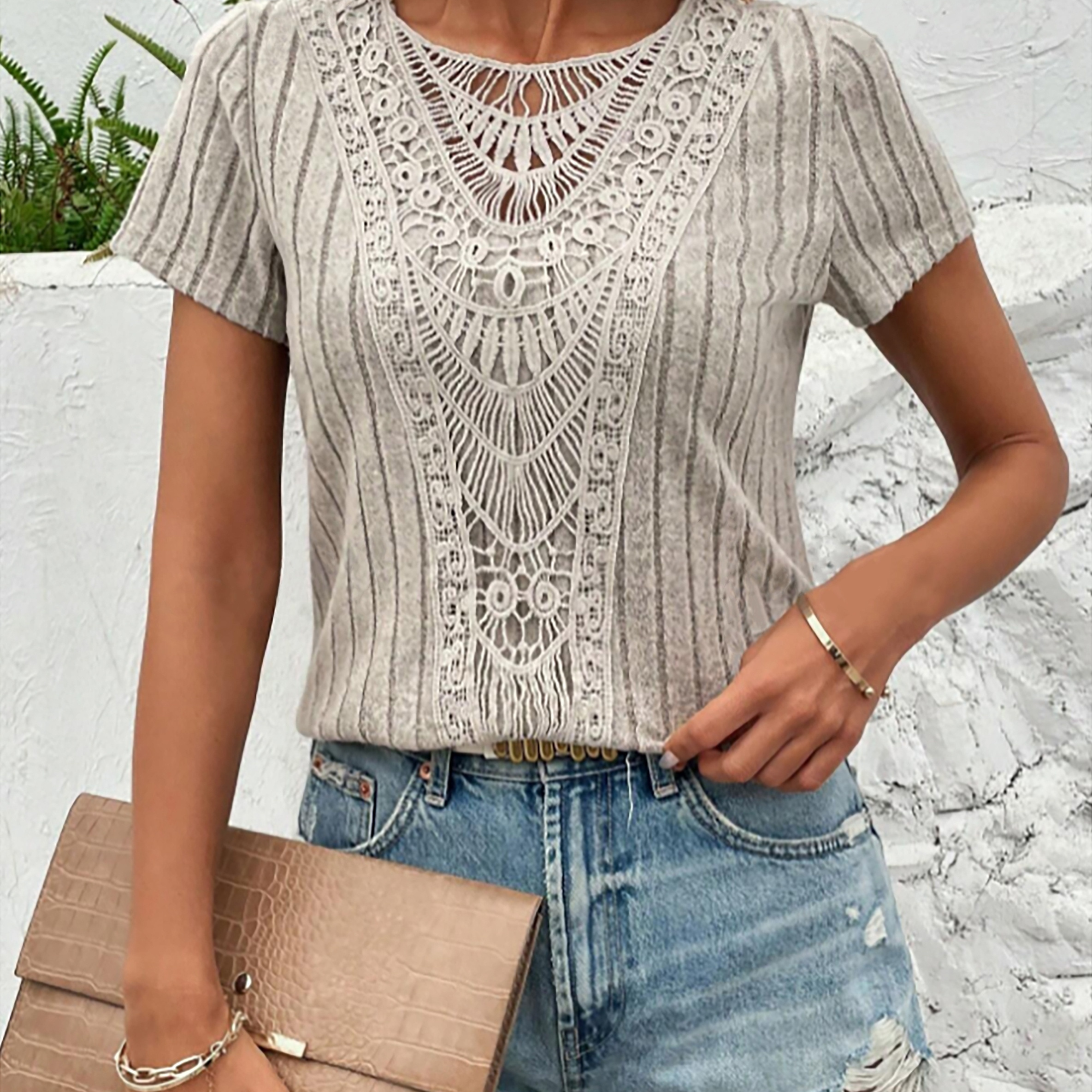 

Lace Splicing Crew Neck T-shirt, Elegant Short Sleeve T-shirt For Spring & Summer, Women's Clothing