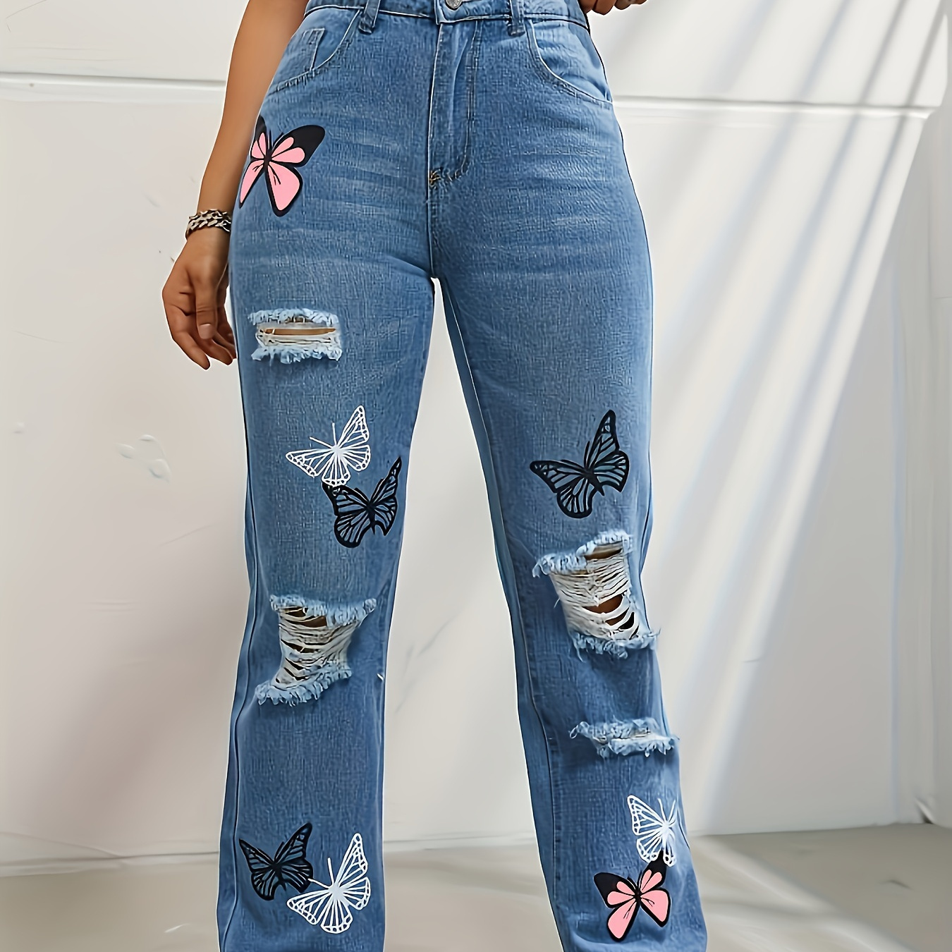 

Women's Print Cut Holes Cut Fashion Denim Straight Leg High Waist Color Denim Pants