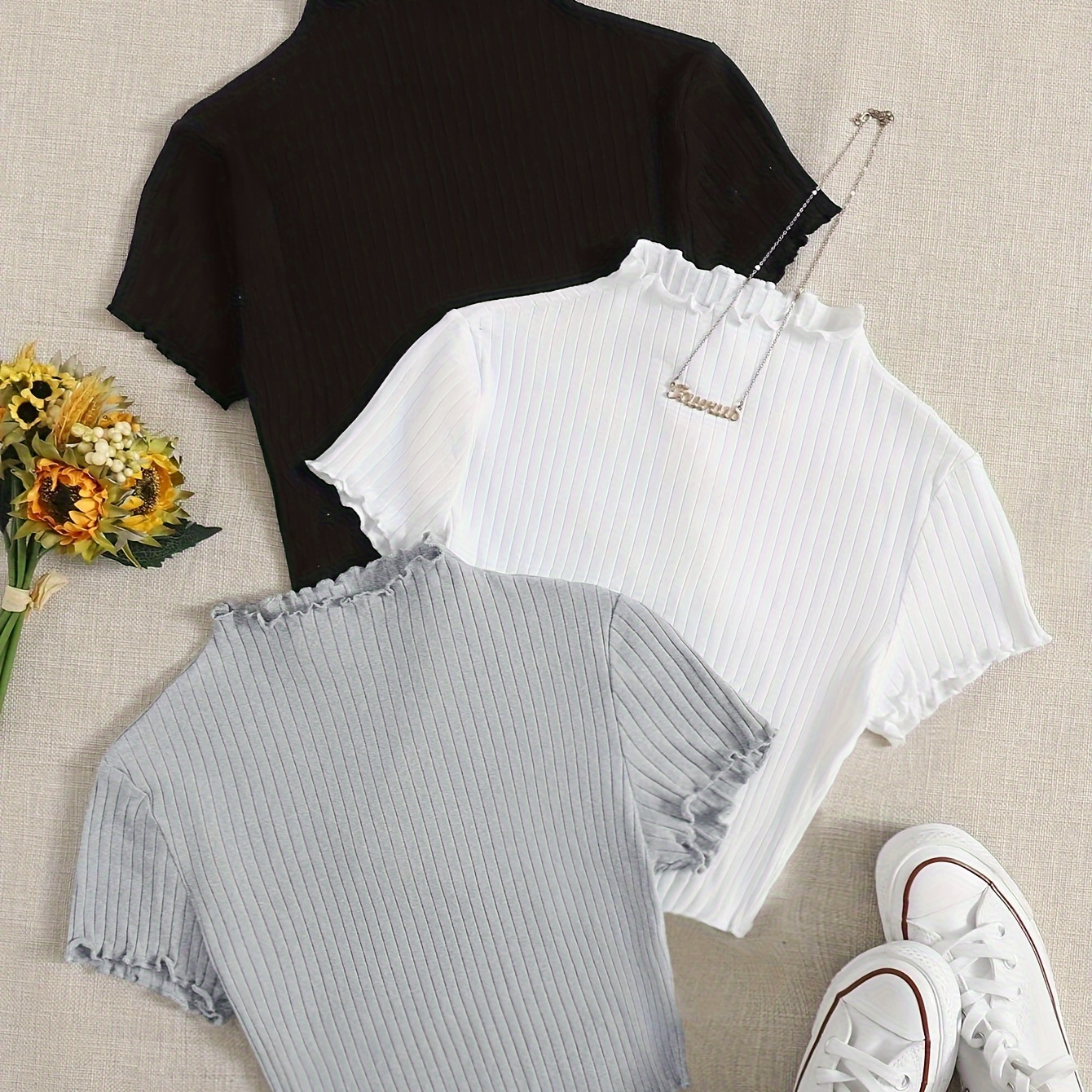 

Solid Color Lettuce Trim T-shirt 3 Pack, Versatile Mock Neck Short Sleeve Crop T-shirt For Spring & Summer, Women's Clothing