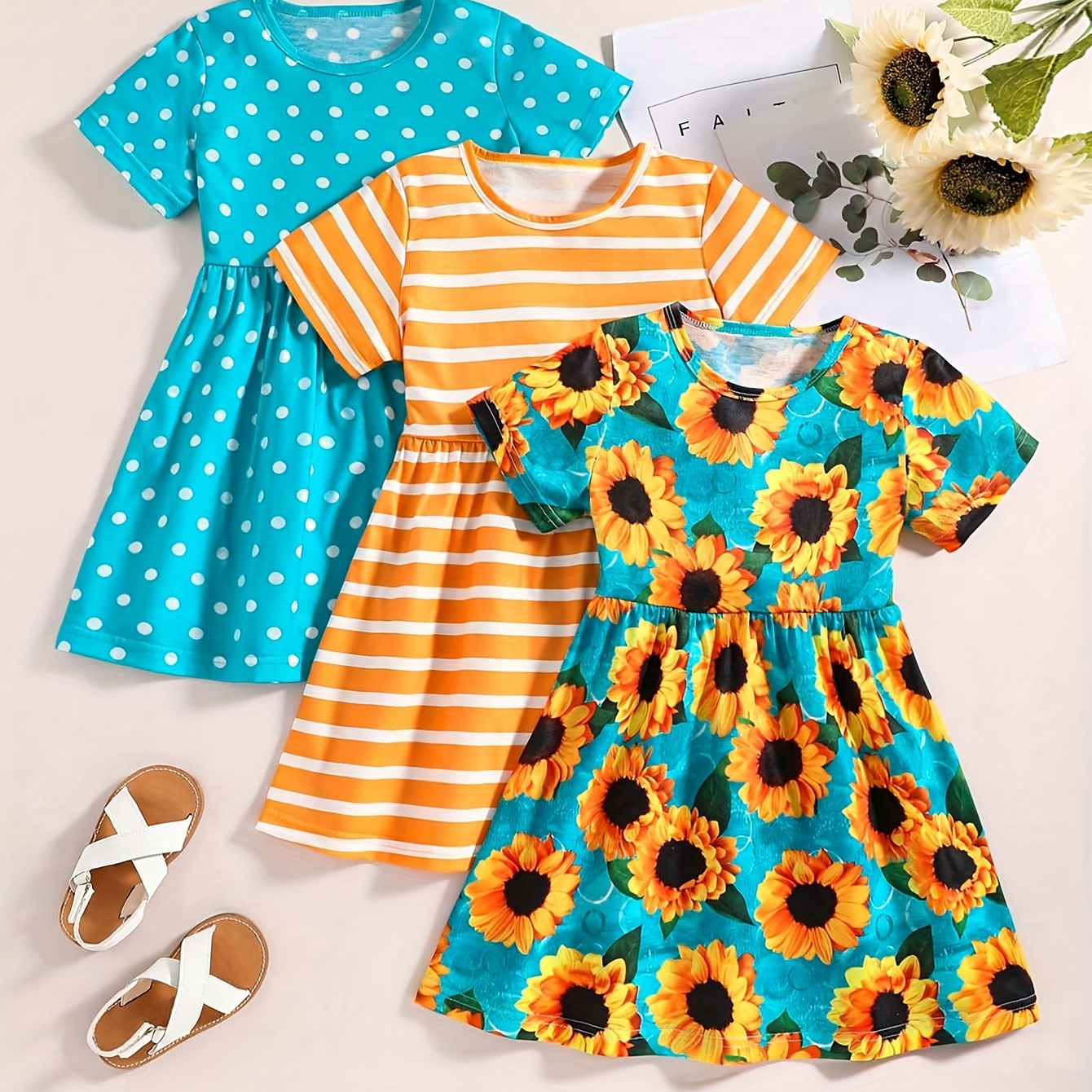

3pcs Girls Casual Polka Dot Print Stripped Sunflower Graphic Short Sleeve Dress Set For Summer Party Gift