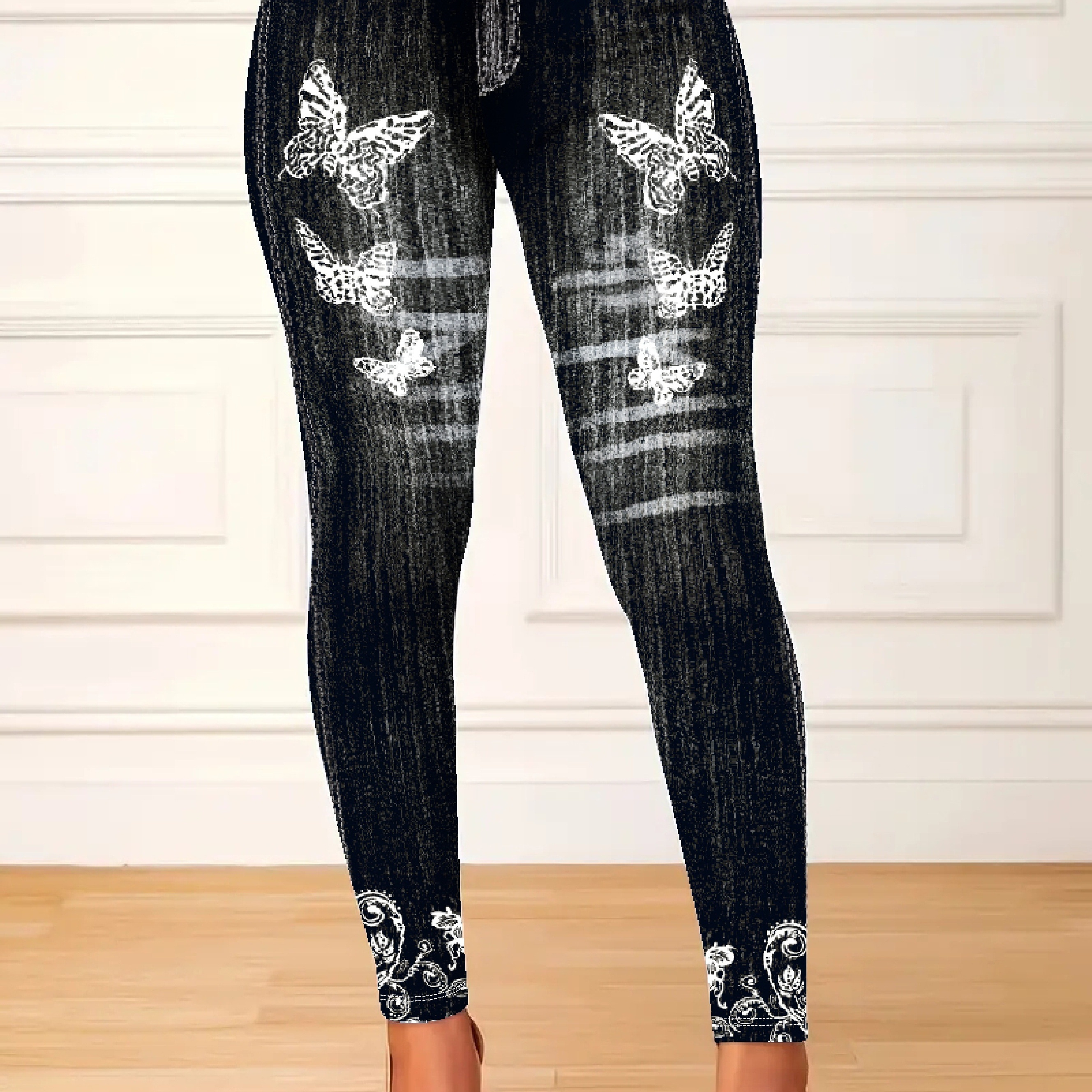 

Leggings décontractées grande taille, leggings extensibles taille haute à motif papillon et denim pour femmes de grande taille