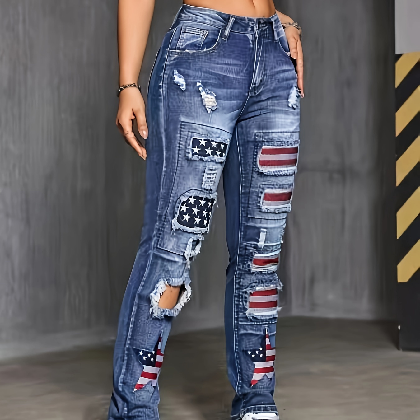 

Women's Distressed Denim Jeans With Elegant Flag Detail, Sexy Ripped Pants, American Independence Day 4th Of July Fashion Clothing For Fall