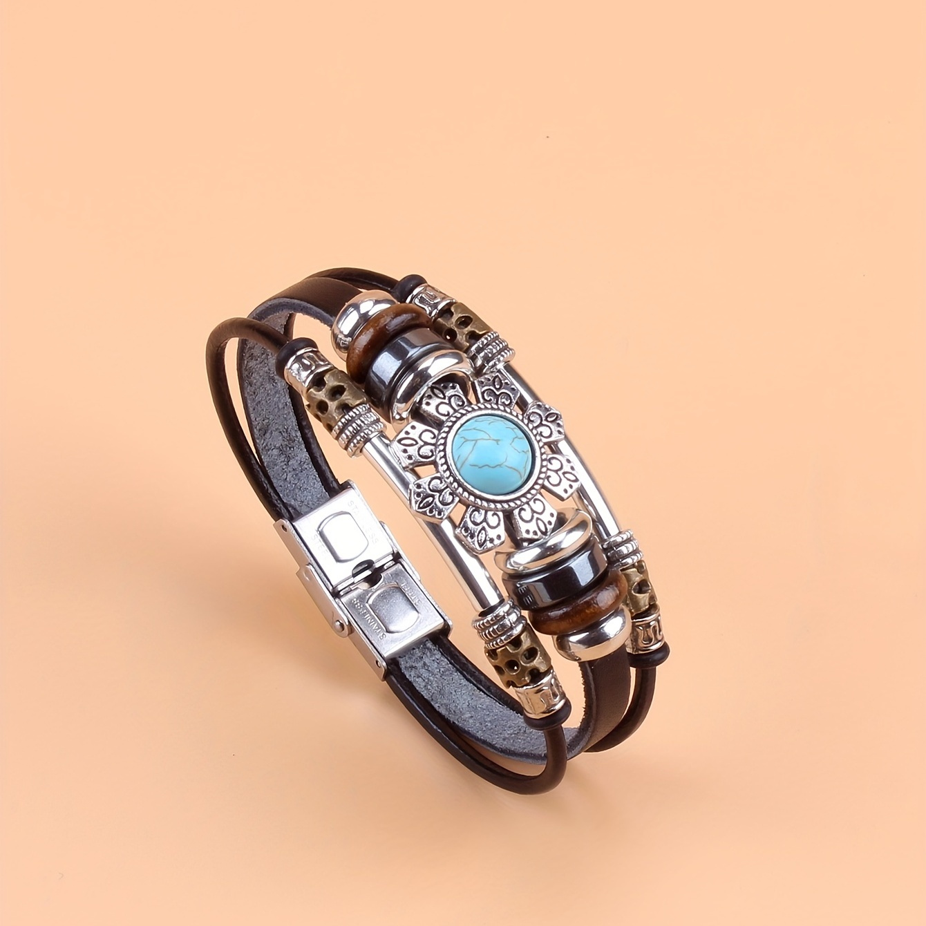 

Green Turquoise Pu Leather Bracelet With Stainless Steel Buckle Vintage Style