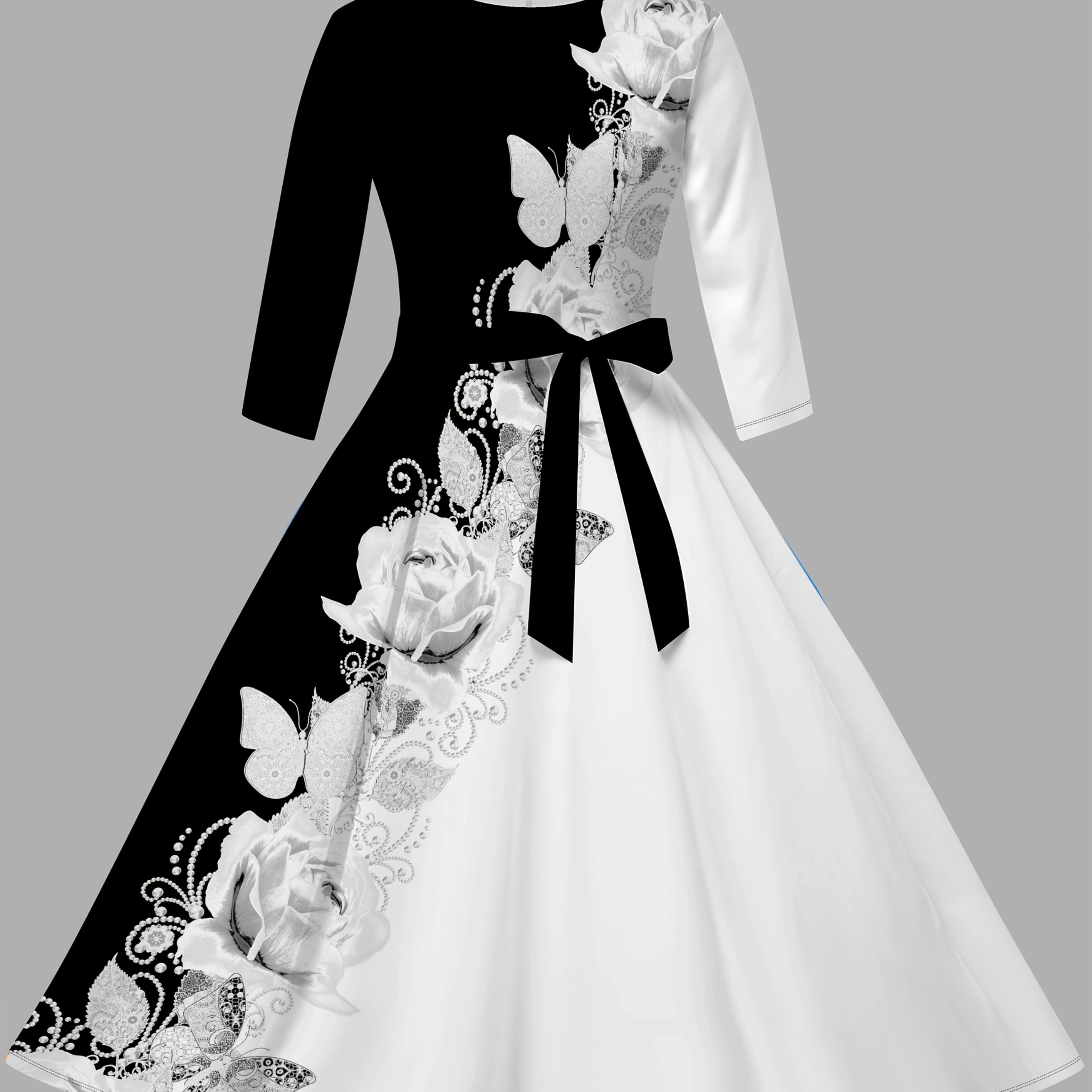 Black & White Floral Bow Midi Dress