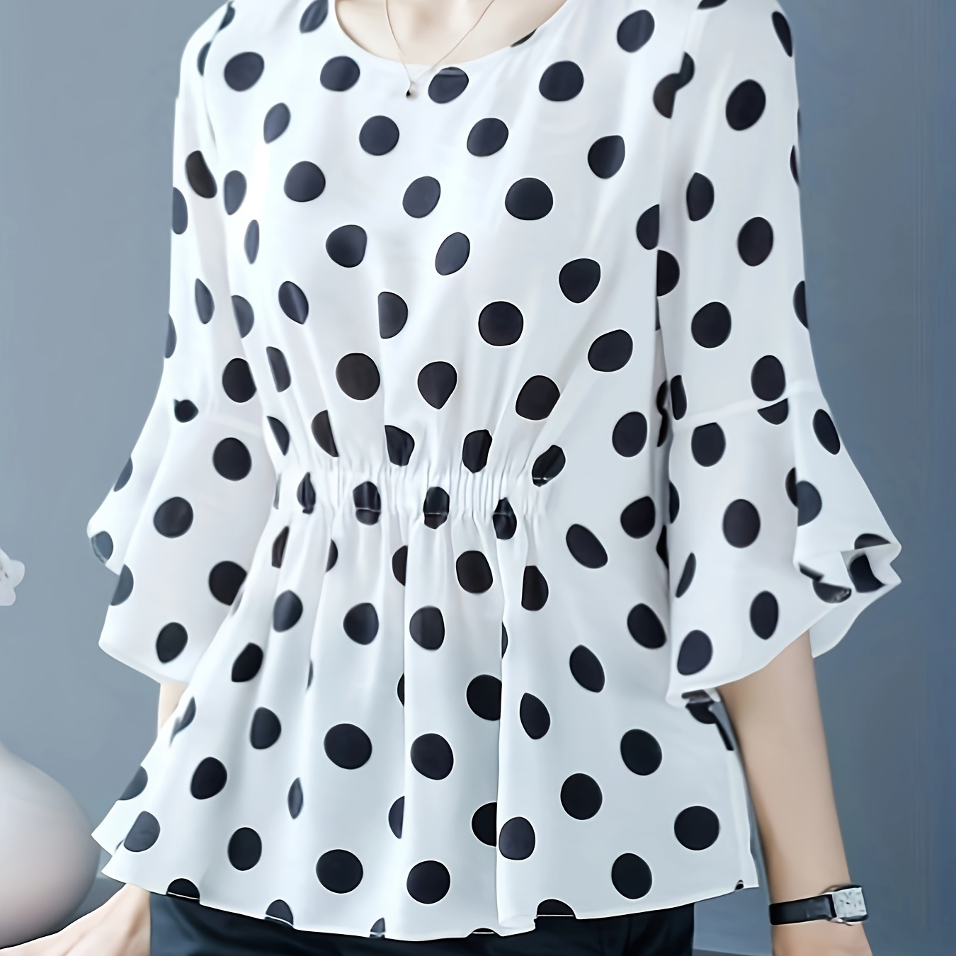 

Polka Dot Print Cinched Waist Blouse, Casual Crew Neck 3/4 Sleeve Blouse For Spring & Fall, Women's Clothing