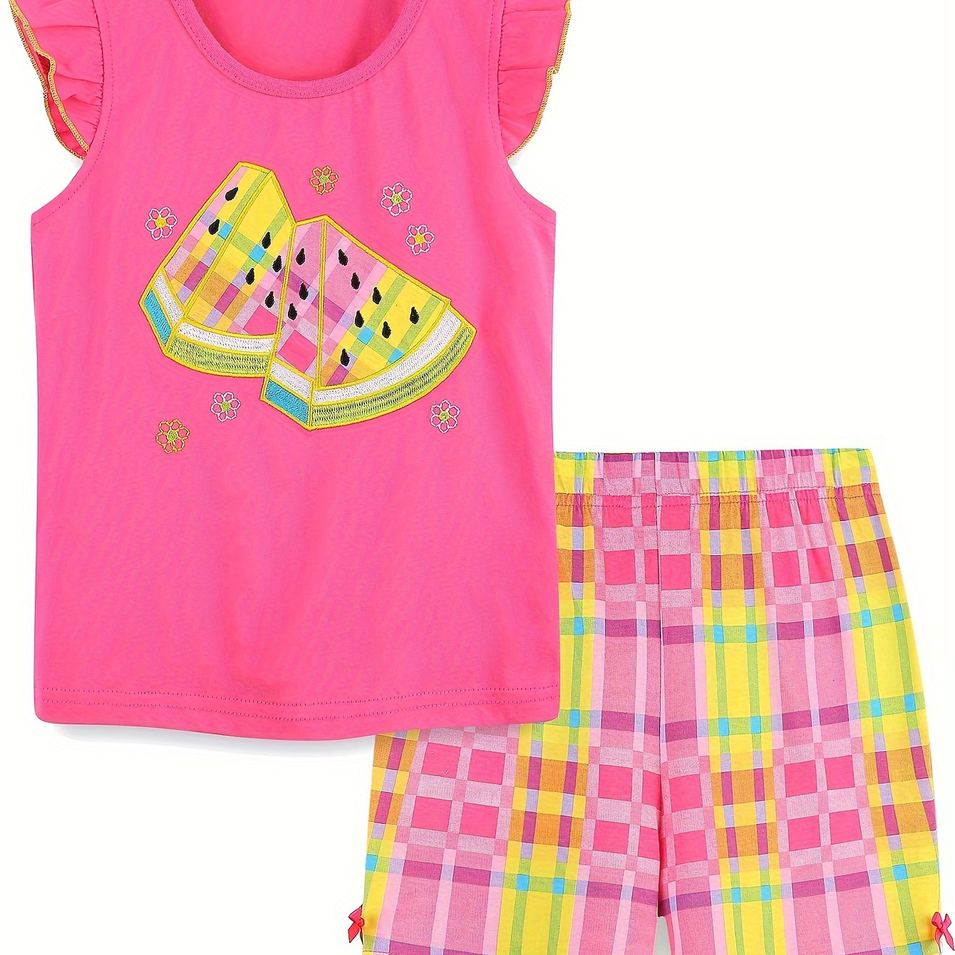 

Girls Watermelon Print 2pcs Ruffle Short Sleeve Top + Plaid Shorts Set Casual Summer Set For 2-7 Years Old