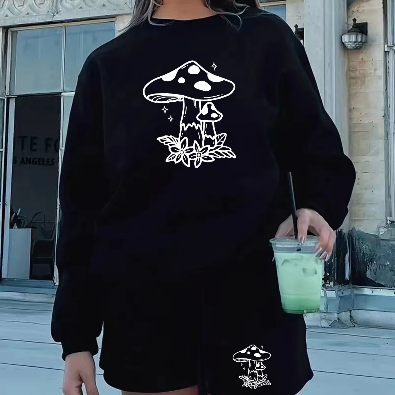 

Mushroom Print Two-piece Set, Casual Crew Neck Long Sleeve Sweatshirt & Drawstring Shorts Outfits, Women's Clothing