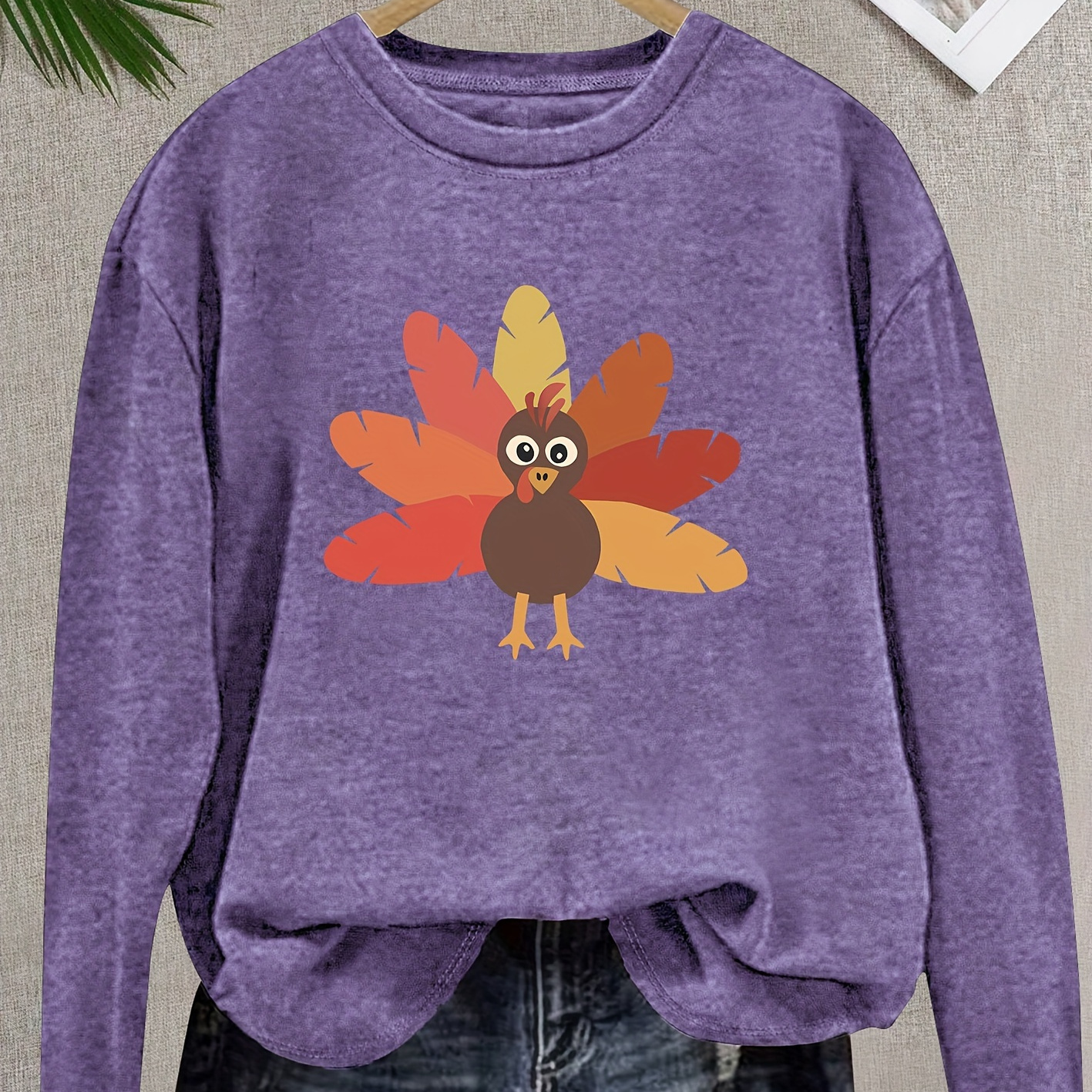 

Chic Thanksgiving Turkey Print Long Sleeve T-shirt For Women - Vintage Style, Stretchy & Machine Washable