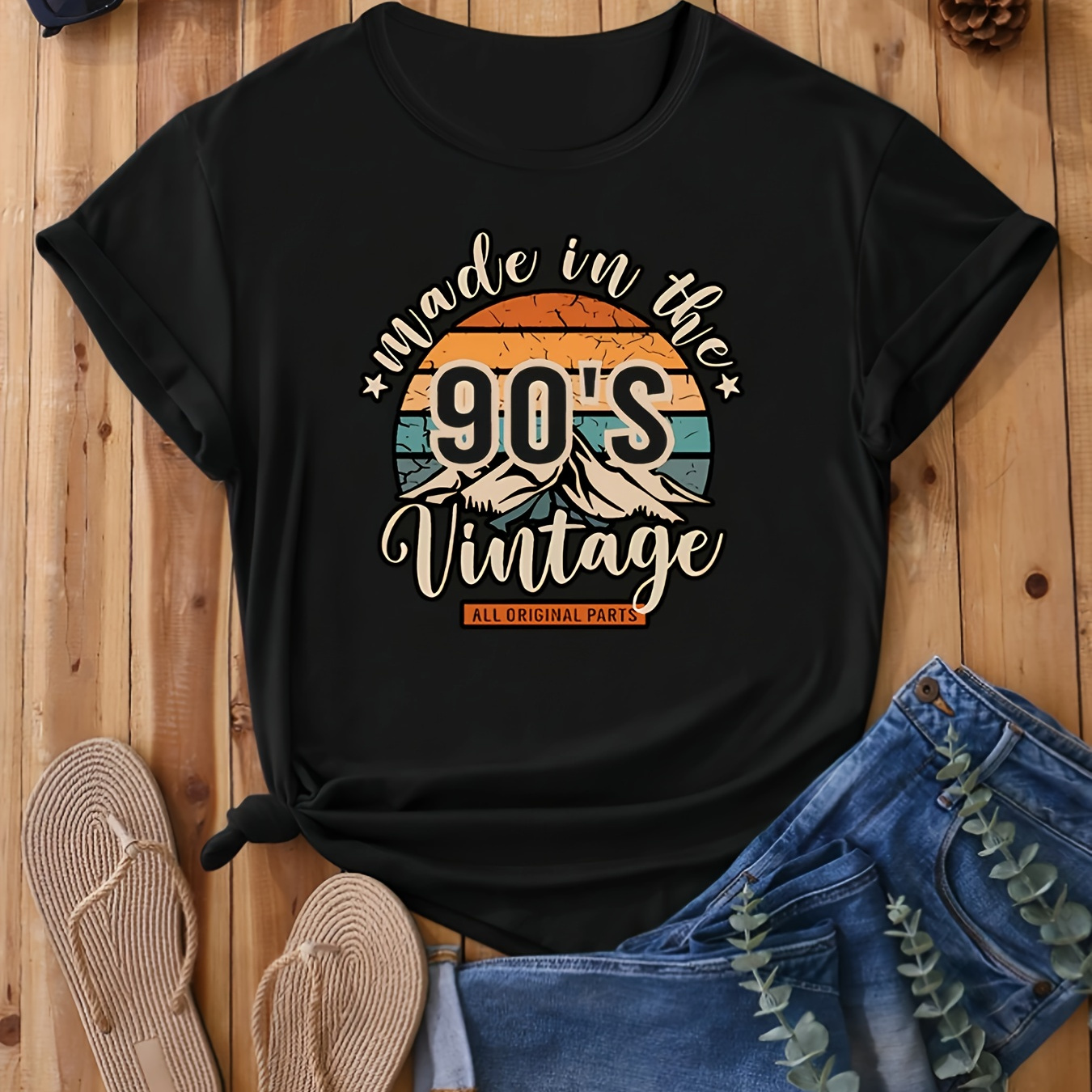 

T-shirt Vintage Imprimé Lettres Et Chiffres, Haut À Manches Courtes À Col Rond Pour Le Printemps Et L'été, Vêtements Pour Femmes