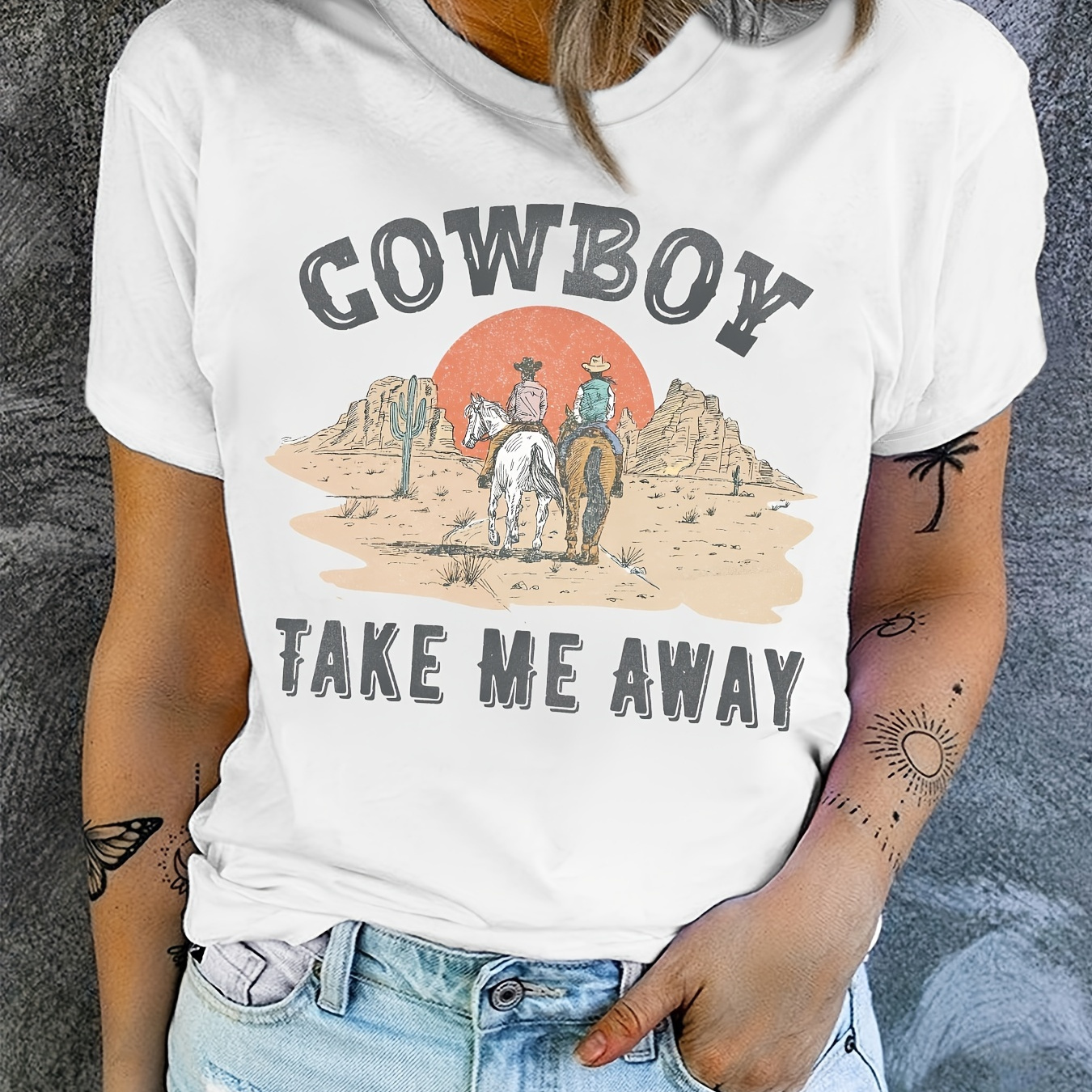 

Plus Size Cowboy Print T-shirt, Casual Short Sleeve Top For Spring & Summer, Women's Plus Size Clothing