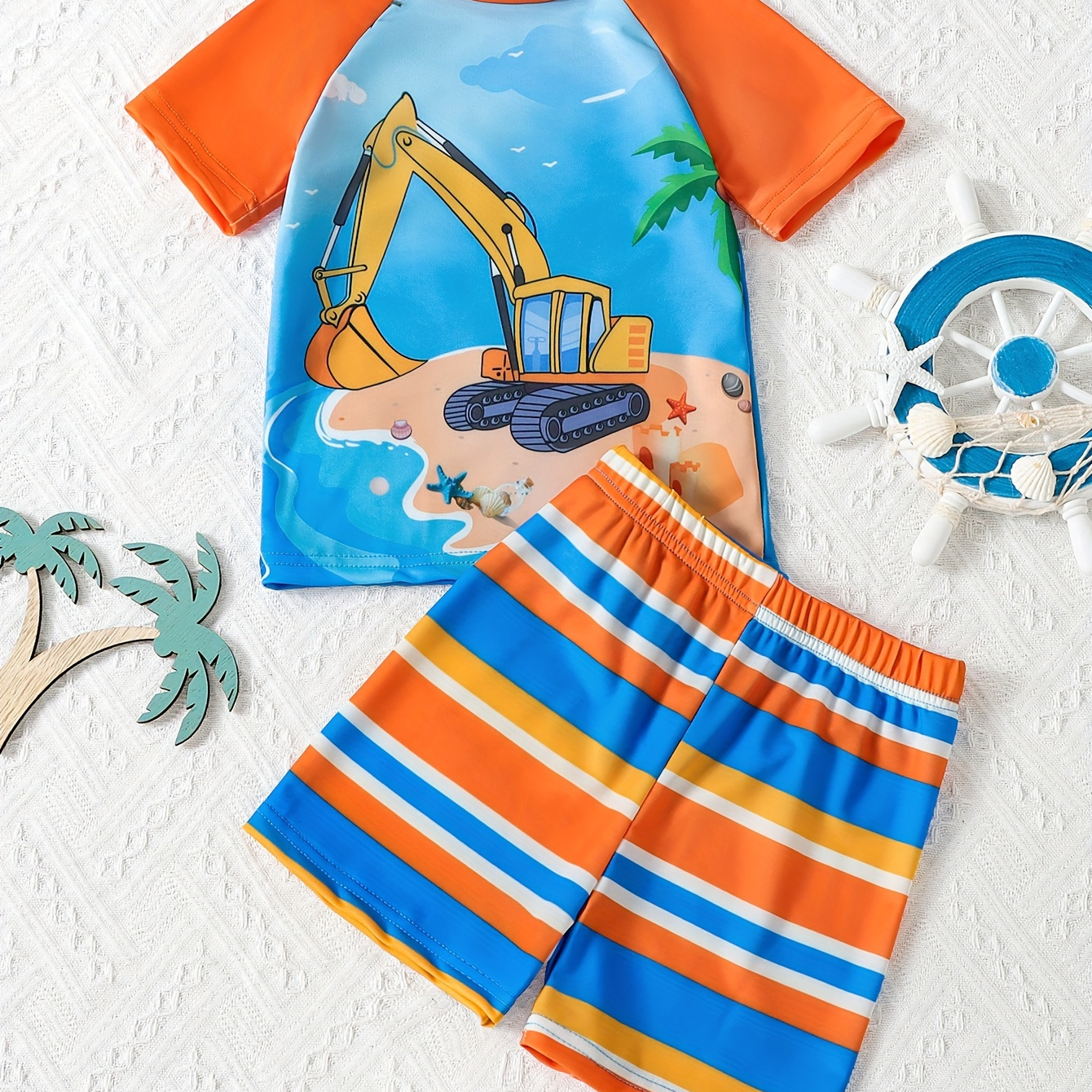 

2pcs Cartoon Beach Excavator Pattern Swimsuit For Boys, T-shirt & Striped Swim Trunks Set, Stretchy Surfing Suit, Boys Swimwear For Summer Beach Vacation