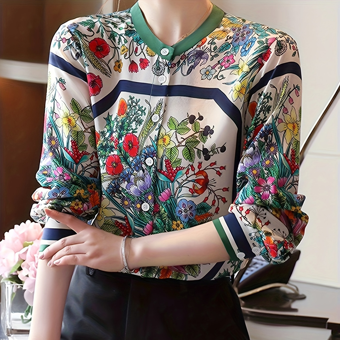 

Chic Floral Print Long Sleeve Shirt For Women, Polyester 90% Spandex 10% , Stand Collar, Single Breasted, Regular Fit, Woven Fabric, Spring/summer Casual Work Top