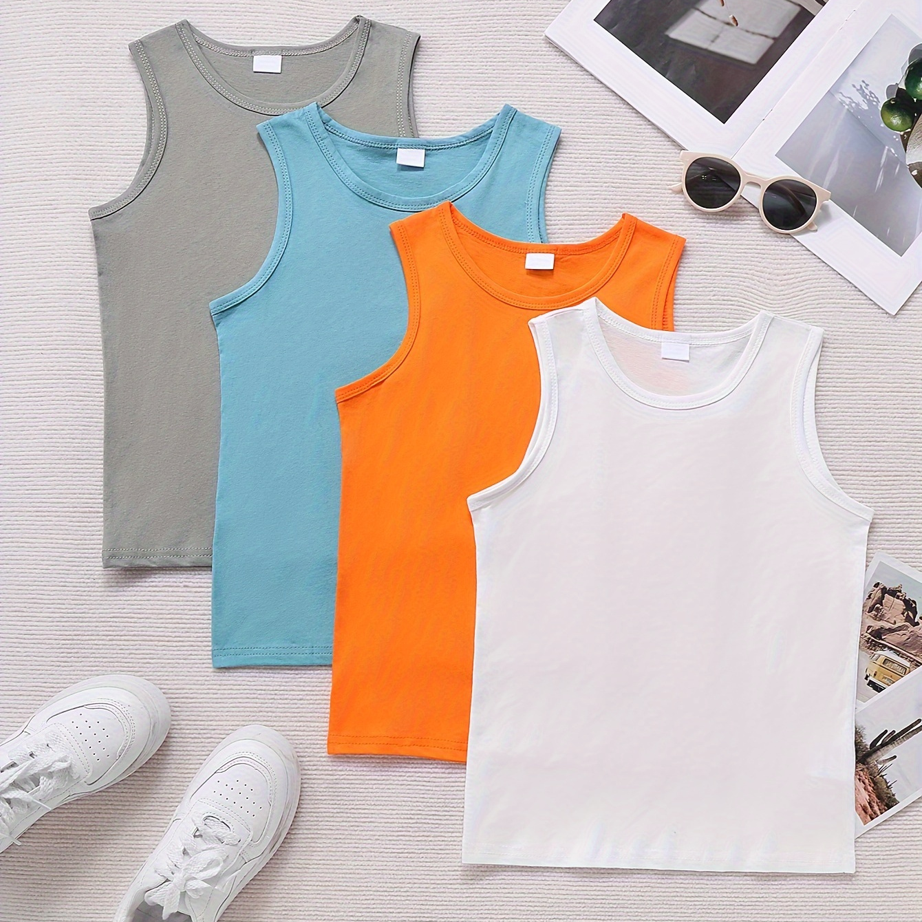 

4pcs Boy's 100% Cotton Solid Vest Comfortable Breathable Summer Sports Tank Top
