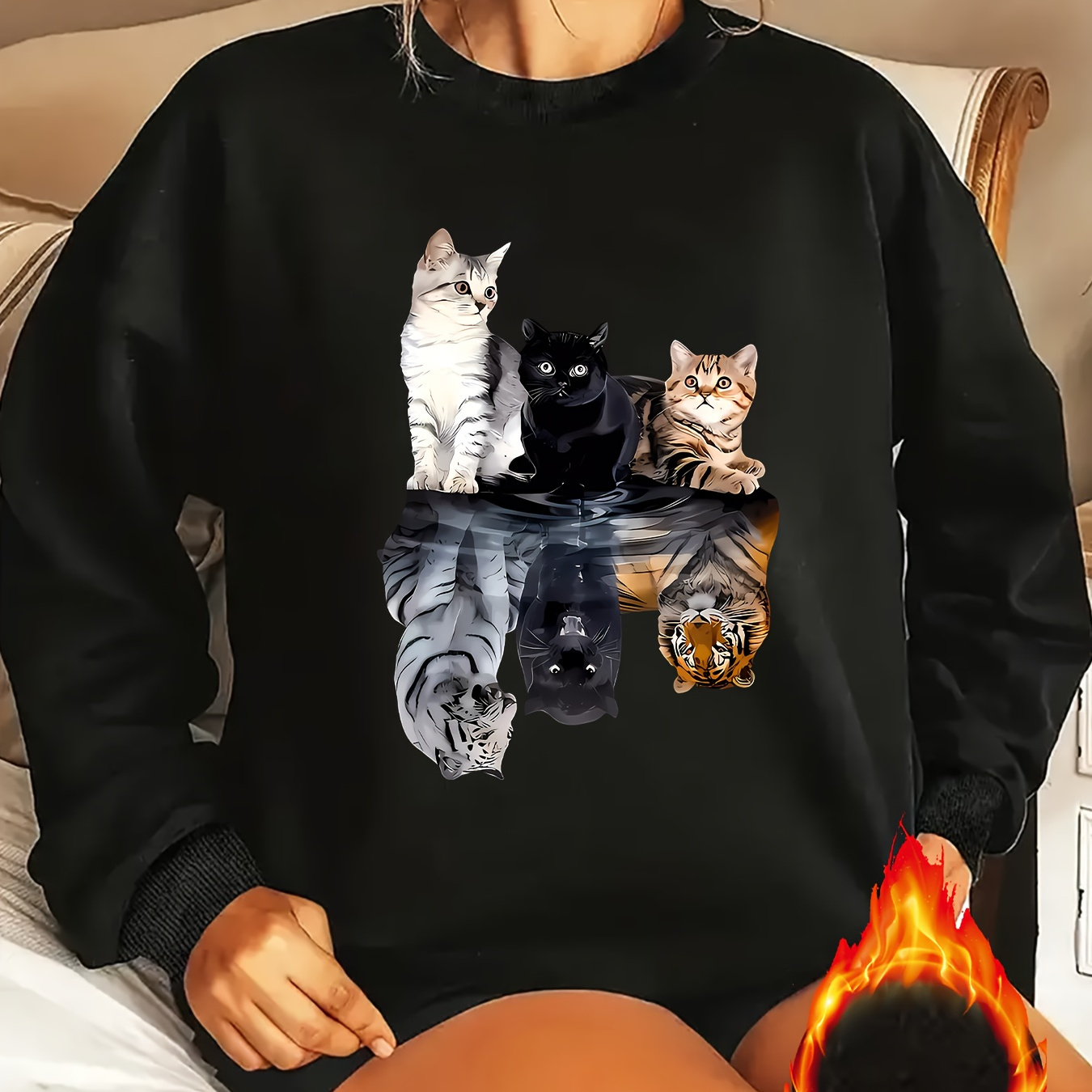 

Cozy Fleece-lined Cat Print Sweatshirt For Women - Casual Long Sleeve Crew Neck Pullover, Machine Washable