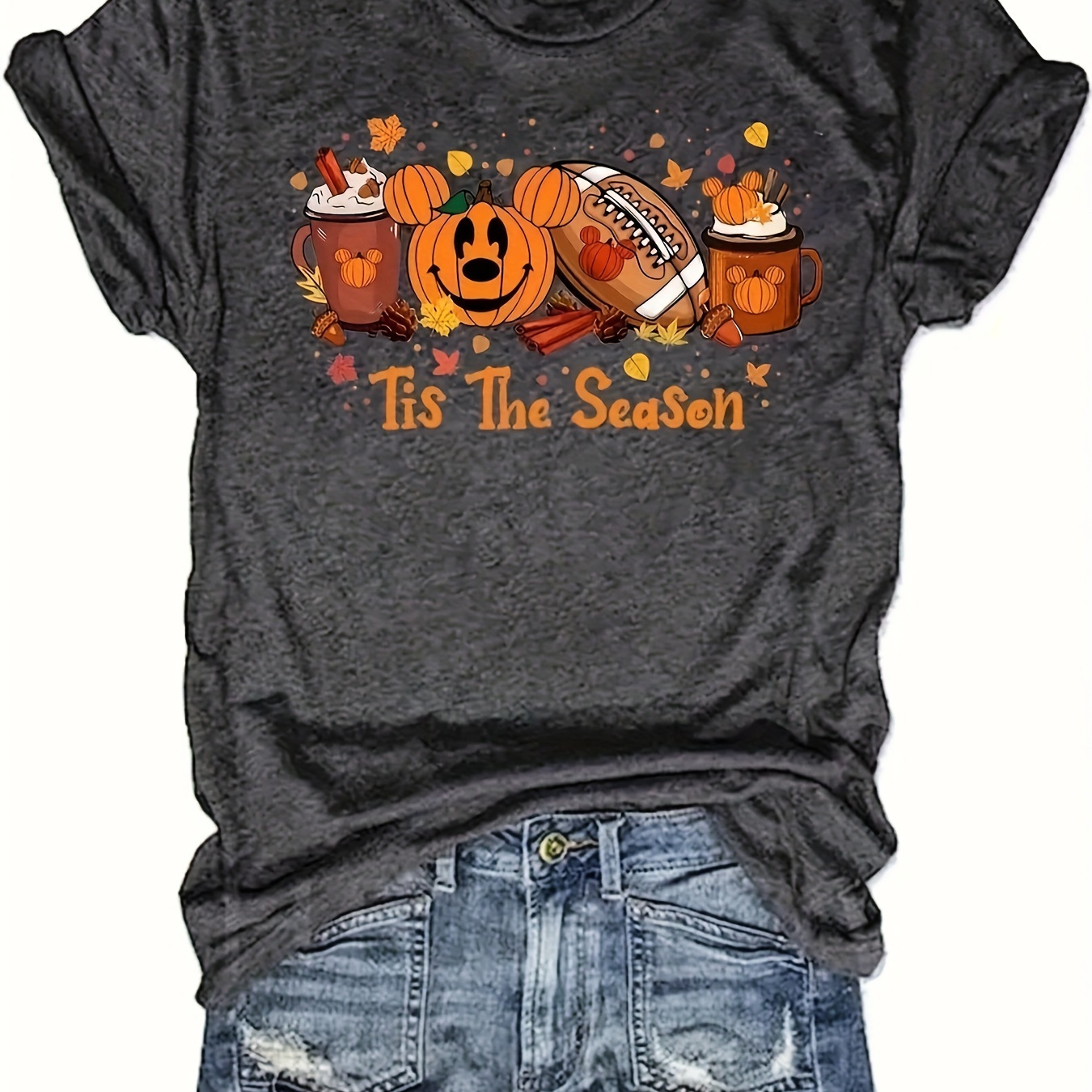 

Plus Size Pumpkin & Rugby Print T-shirt, Casual Crew Neck Short Sleeve Top For , Women's Plus Size Clothing