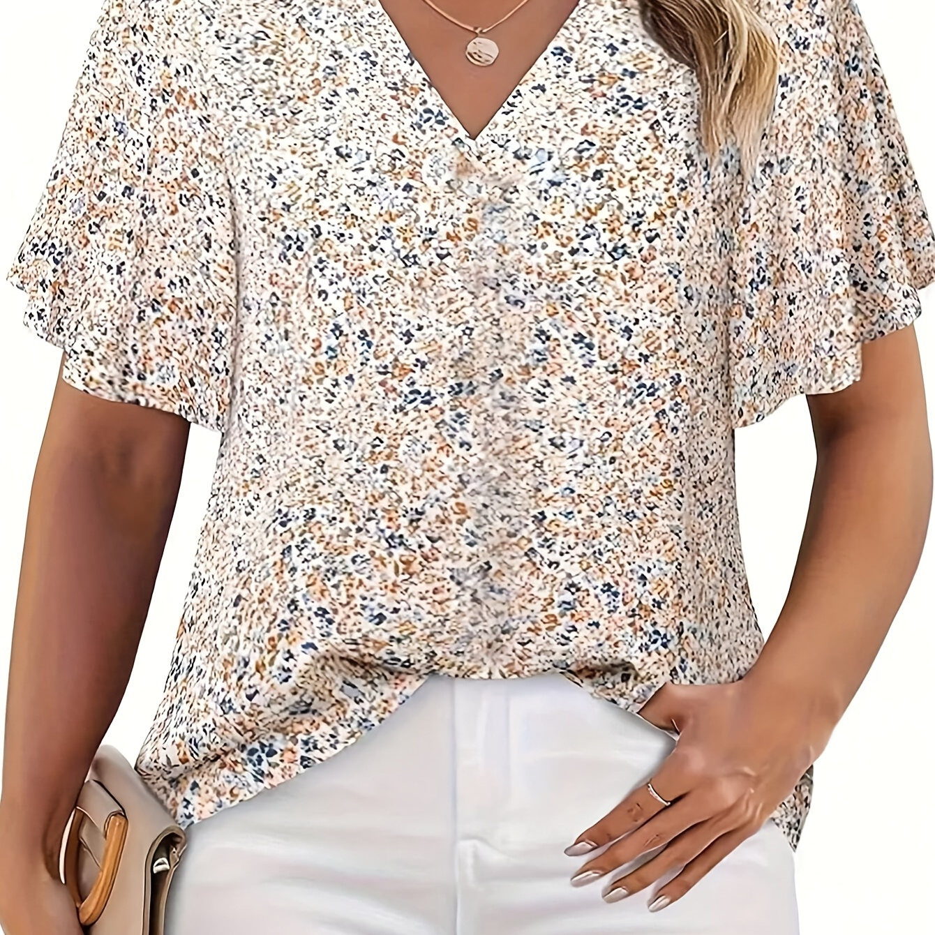 

Women's Floral Print V-neck Short Sleeve Casual Blouse, 100% Polyester, Machine Washable