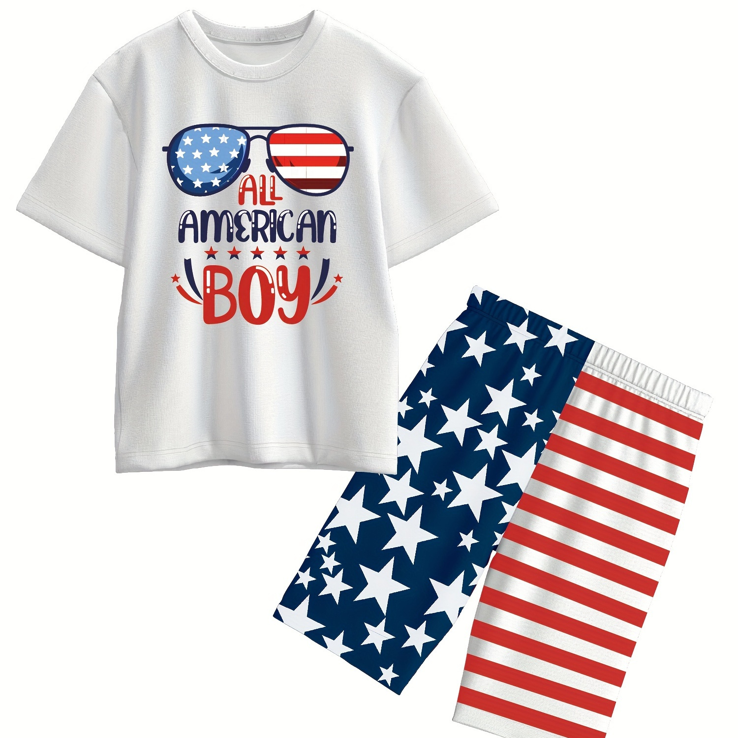 

2pcs Boys Independence Day Flag Print Comfortable Versatile Short Sleeve T-shirt & Shorts Set, Cool, Lightweight And Comfy Summer Clothes!