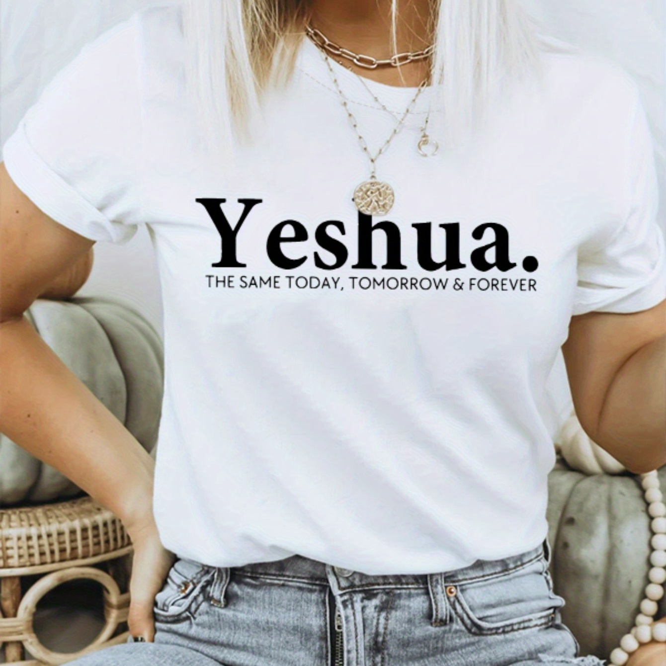 

Yeshua Print T-shirt, Casual Short Sleeve Crew Neck Top For Spring & Summer, Women's Clothing