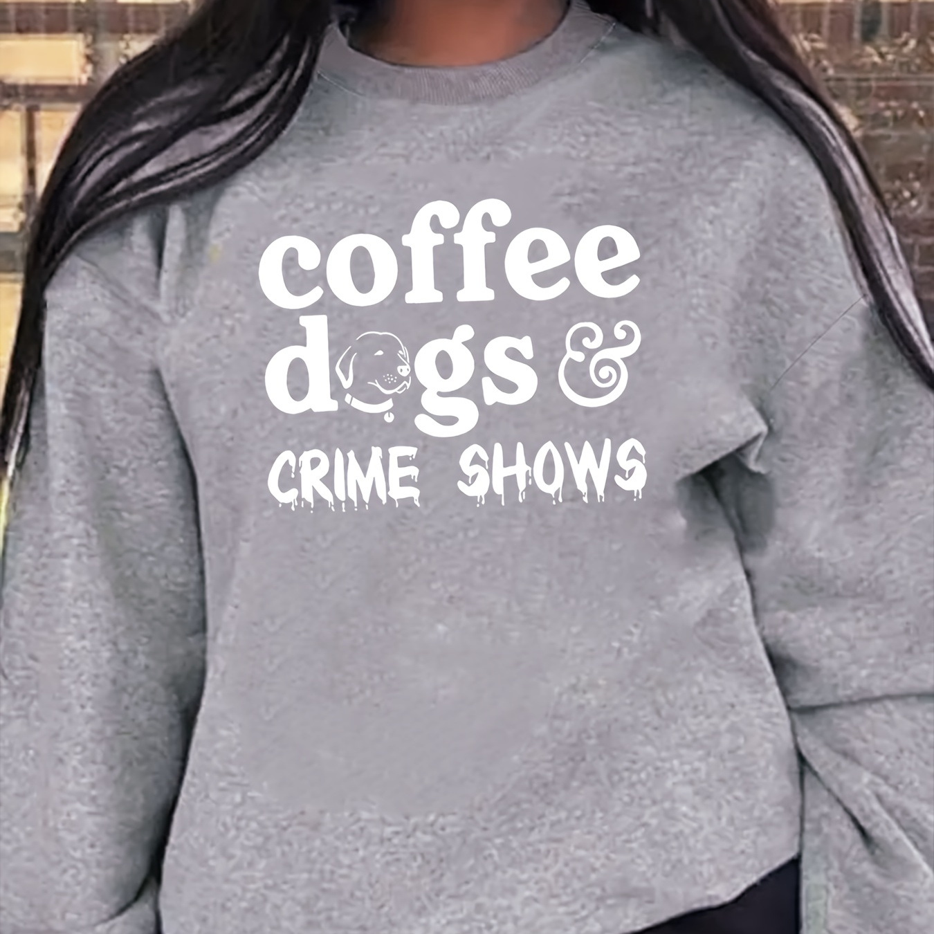 

Coffee Dog Print Crew Neck Sweatshirt, Casual Long Sleeve Drop Shoulder Sweatshirt For Spring & Fall, Women's Clothing