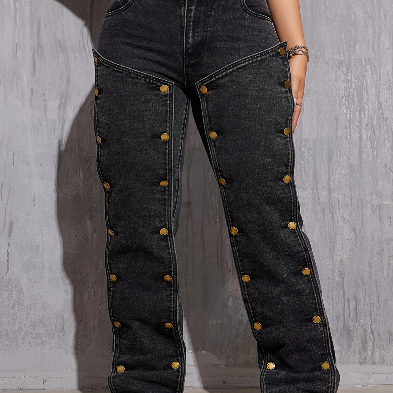 

Plus Size Detachable Buttons Decor Hip Hop Streetwear Style Loose Fit Cargo Denim Pants, Women's Denim Jeans & Clothing