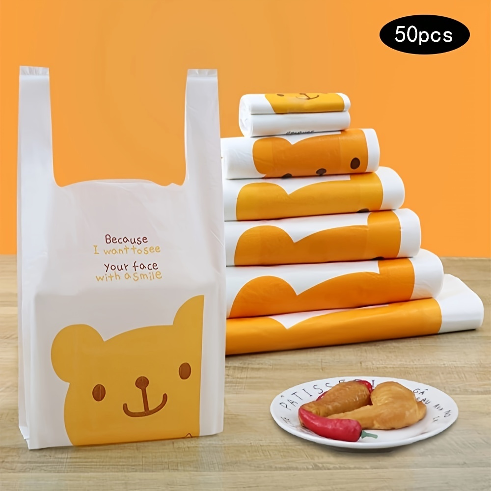 

50pcs Plastic - Bulk Shopping Bags, Restaurant Bag - T-shirt Plastic Bags In Bulk - (12.5" X 7.5" ) White/bear/deer/kitten