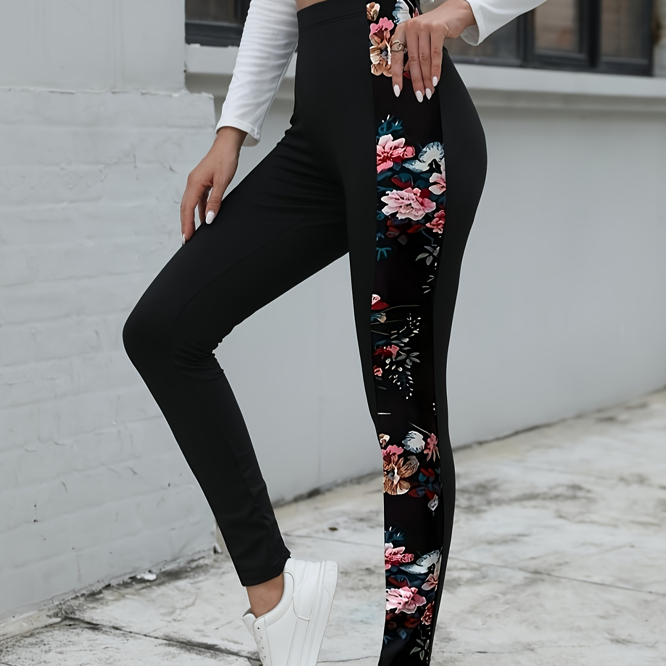 

Legging skinny à imprimé floral sur les côtés, legging décontracté taille haute extensible pour tous , vêtements pour femmes.