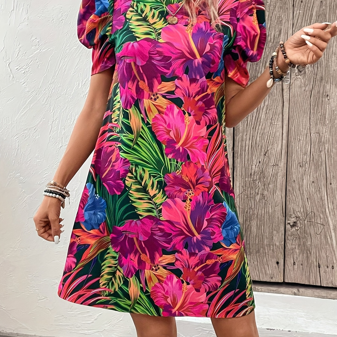 

Floral Print Crew Neck Dress, Elegant Short Sleeve Dress For Spring & Summer, Women's Clothing