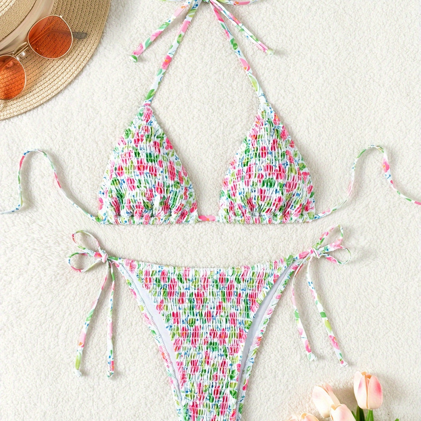 

Floral Print Smocked Triangle Halter Tie Strap Backless 2 Piece Set Bikini, Swimsuits, Women's Swimwear & Clothing