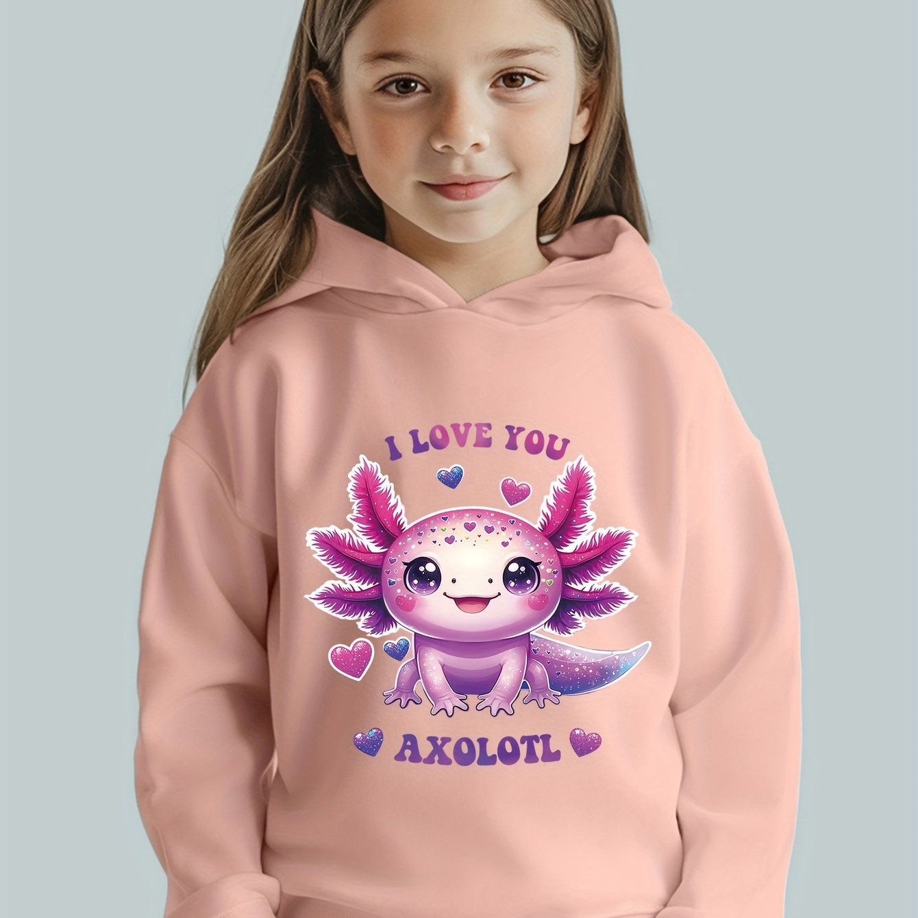 

Girls' Cute Axolotl Print Hoodie - Casual Crew Neck Pullover With Applique Detail, 100% Polyester, Stretch Fabric, Loose Fit Long Sleeve Sweatshirt For Kids, Ideal For Fall/winter Season