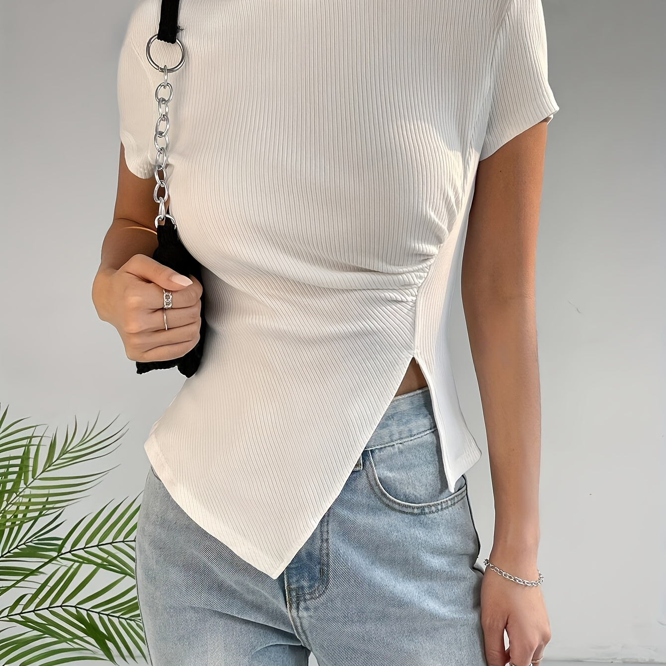 

Asymmetrical Hem Ruched Slim T-shirt, Elegant Crew Neck Short Sleeve T-shirt For Spring & Summer, Women's Clothing