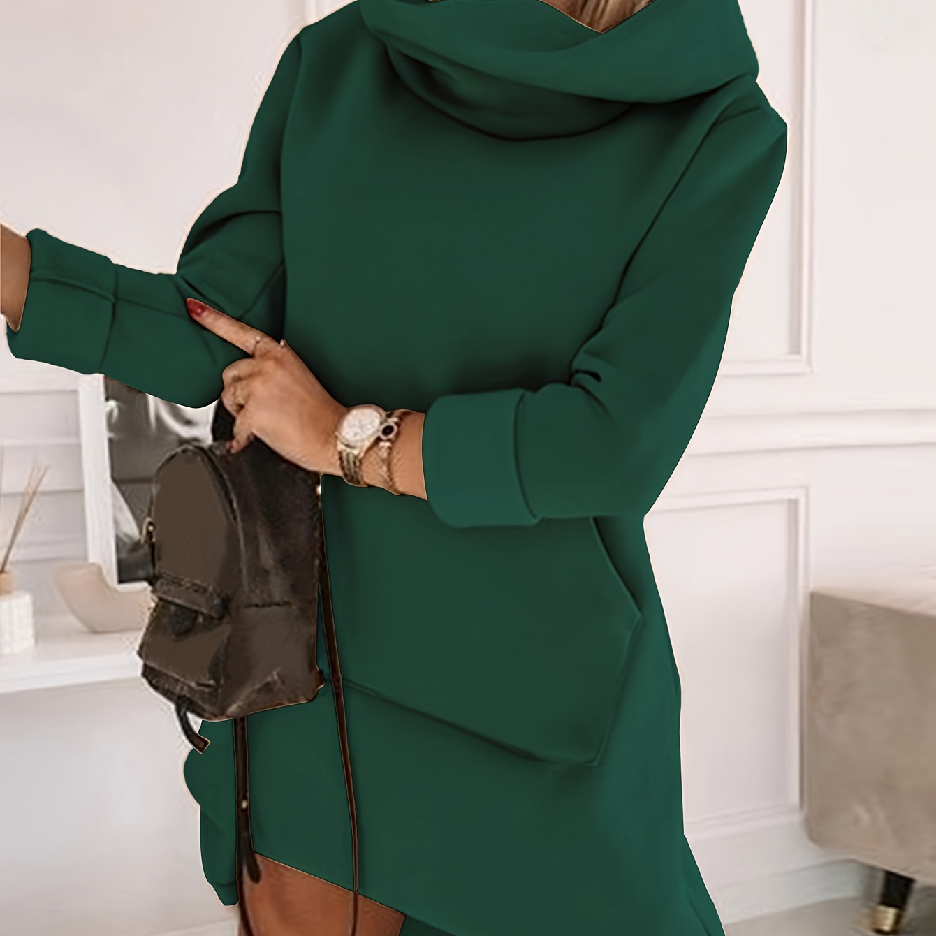 

Women' Hooded Tunic Dress, Solid Color Polyester Knit Fabric, 100% Polyester, Lightweight 230g/m², For Spring/summer/fall - Yy1231112