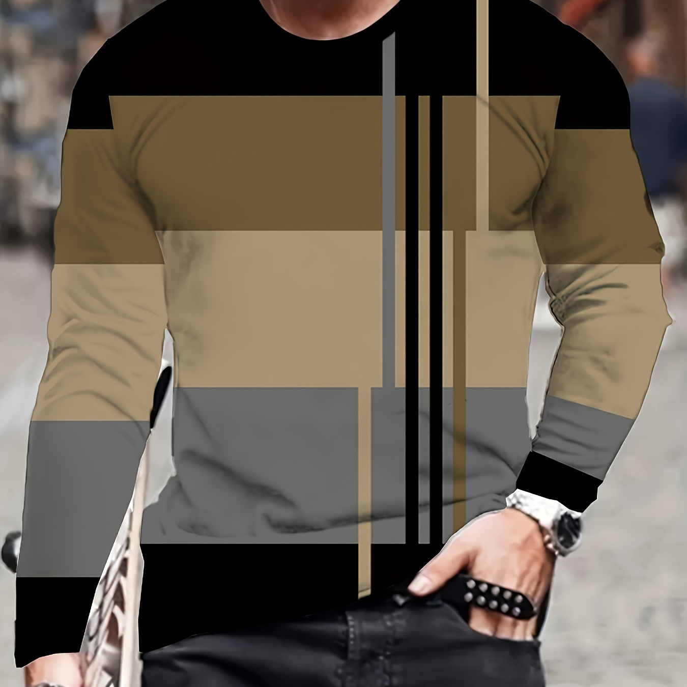 

T-shirt Décontracté pour Homme à Col Rond et Manches Longues, Tissu en 100% Polyester, Coupe Régulière, avec Motif à Rayures à Carreaux en Numérique 3D, pour , , les Fêtes et les Vacances