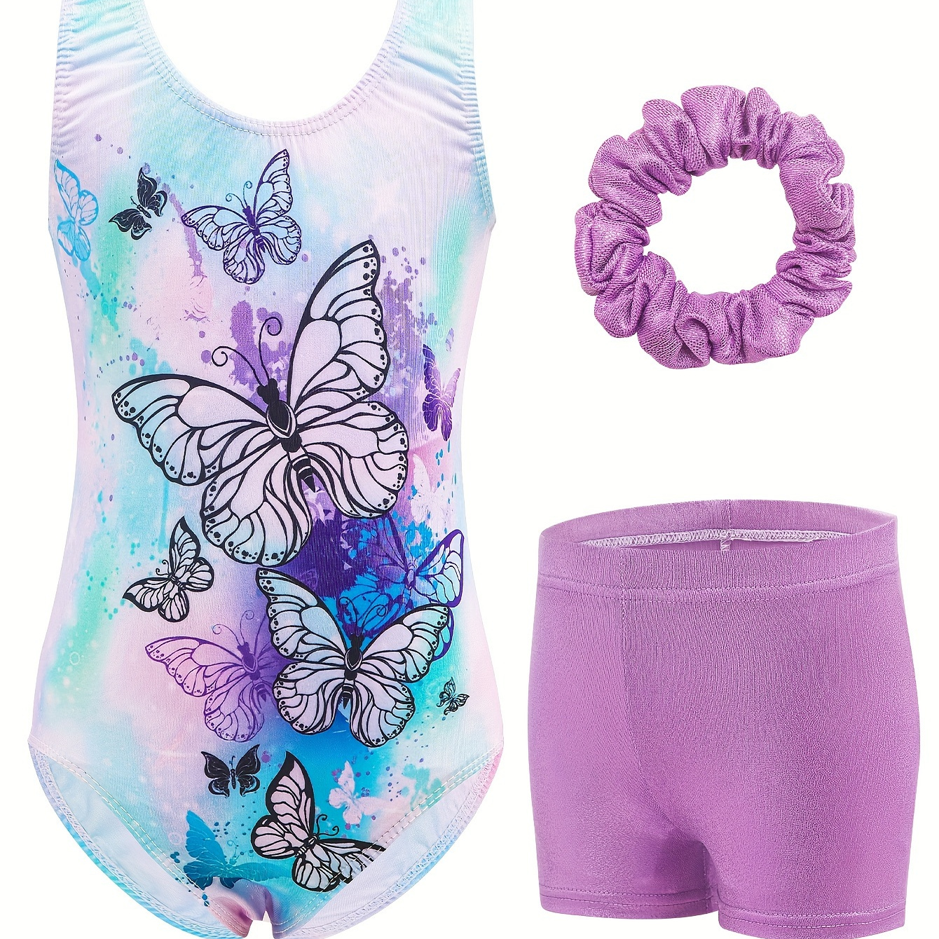 

3pcs/set Stretchy & Fit Butterflies Graphic Gymnastics Leotard & Colored & Hairband For