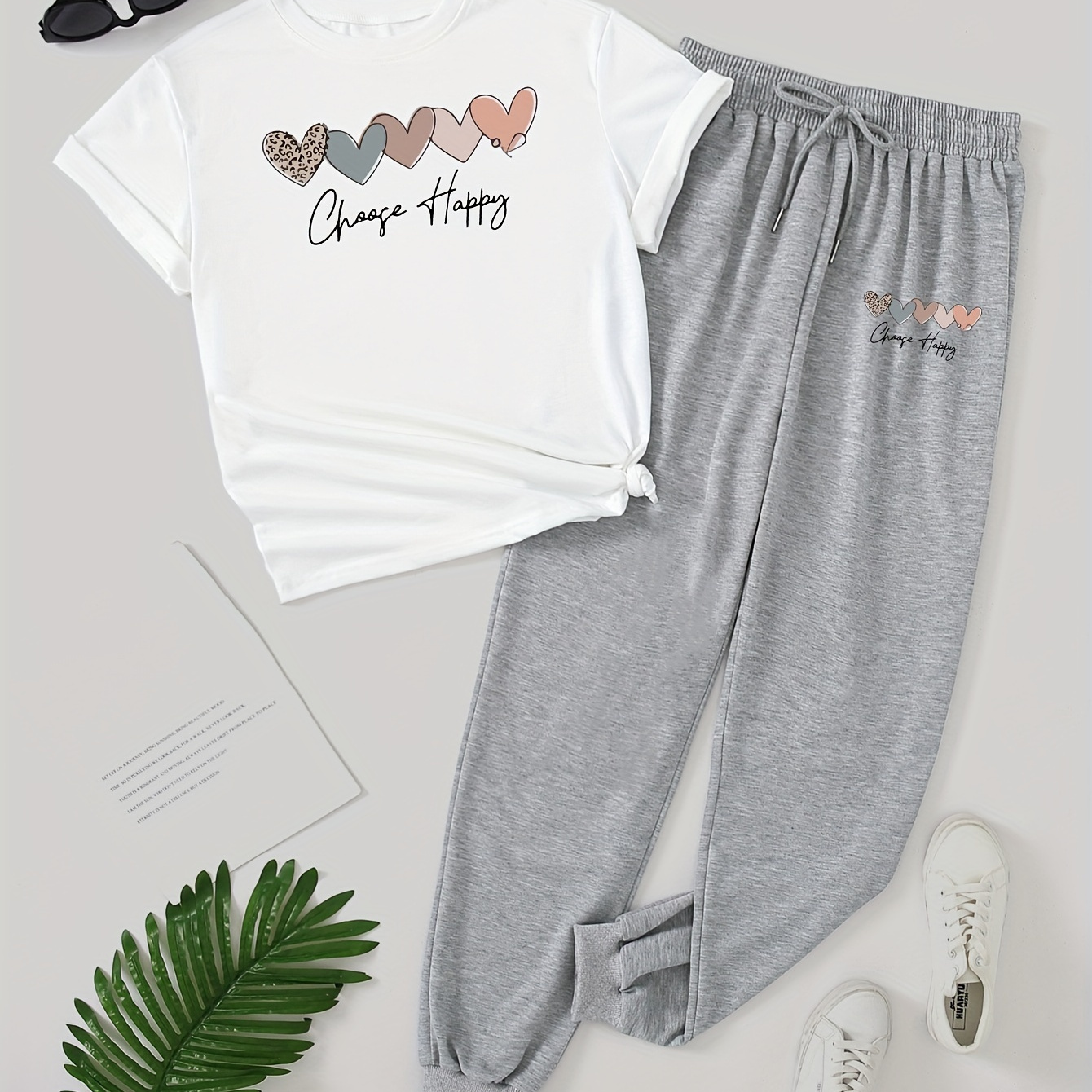 

Change Happy Love Simple High Grade Graphic Printing, Women's Casual Loose Sports Short Sleeve T-shirt Top And Long Pants Set, Trendy And Fashionable Sports 2-pieces Set