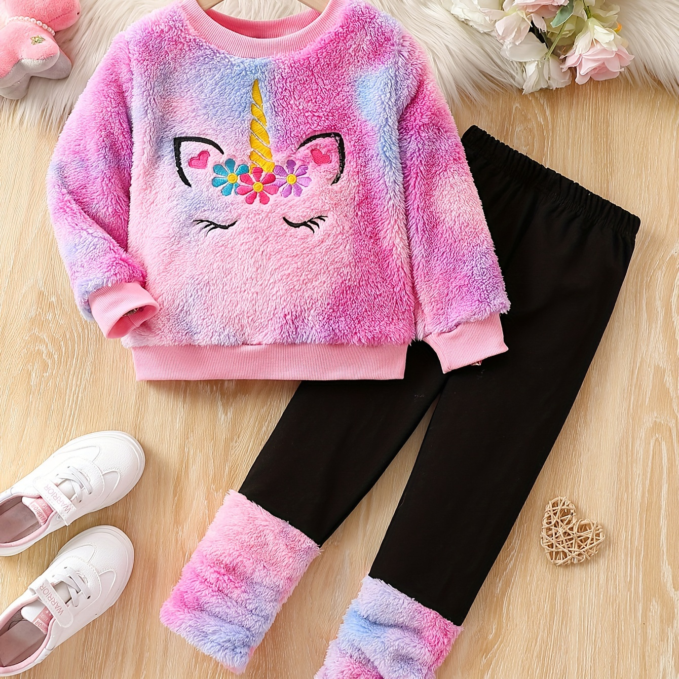 

1 Set Girl's Pattern Fleece Long-sleeve Top + Color Splicing Pants - Winter & Fall Comfy Cute Casual Outfit, As Gift