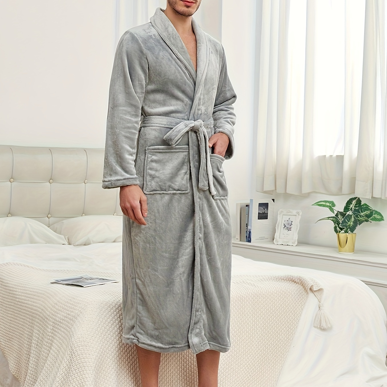 

Mens' Gentle Plush Warm Long Robe, Solid Color, Comfortable Sleepwear Elegant Style Bathrobe With Belt Spa