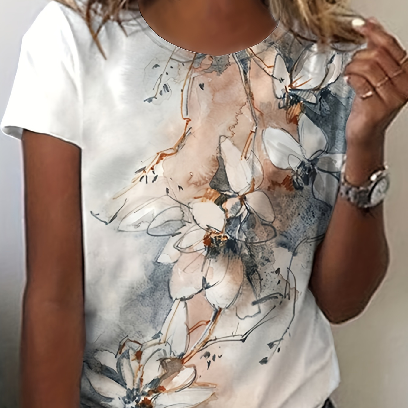 

Plus Size Casual T-shirt, Women's Plus Floral Print Short Sleeve Round Neck T-shirt