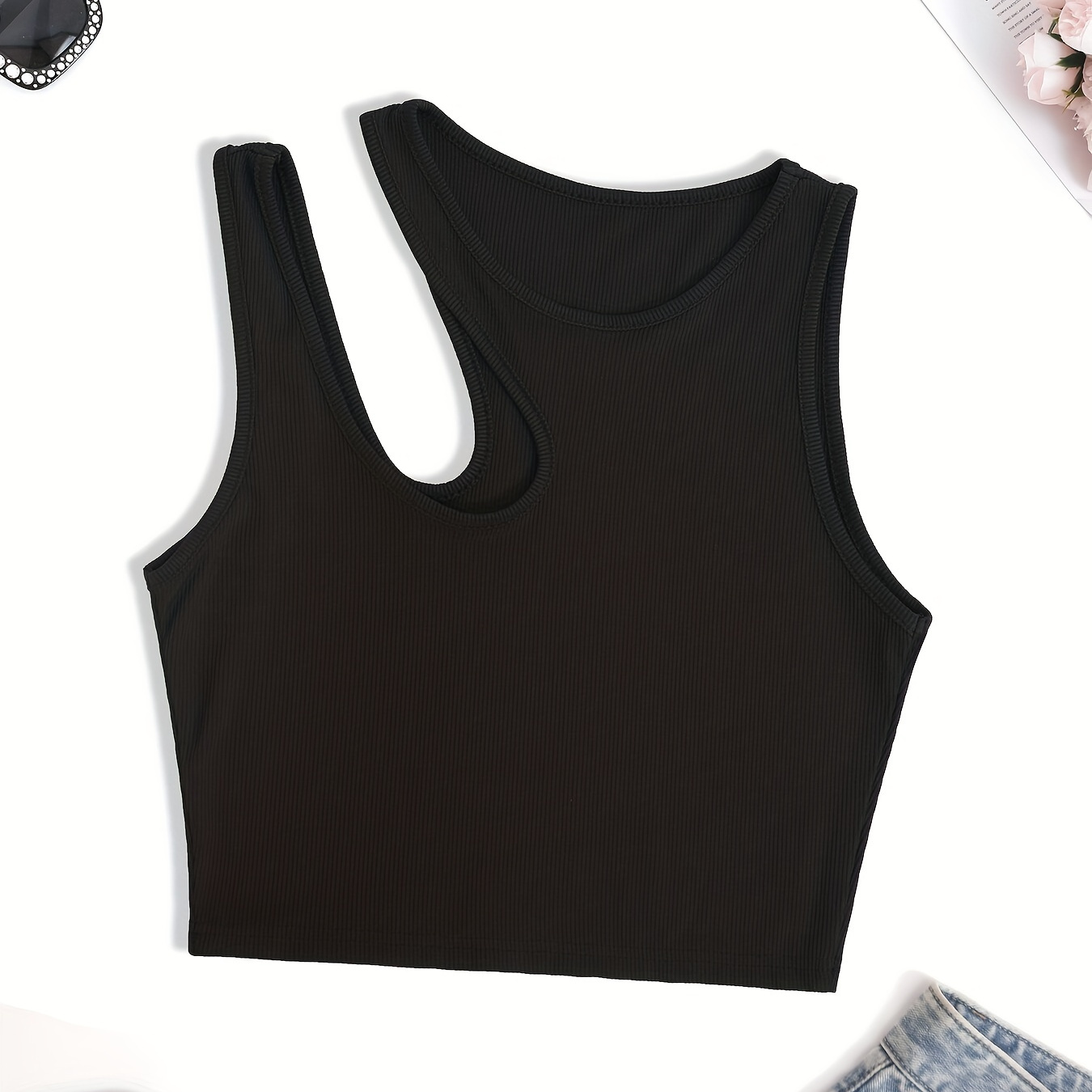 

Asymmetrical Ribbed Crop Tank Top, Y2k Sleeveless Tank Top For Summer, Women's Clothing