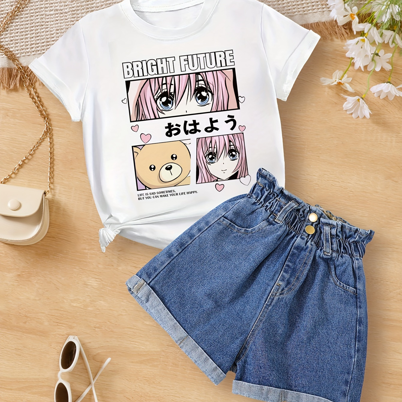 

Bright Future & Anime Girl & Bear Graphic Print Tee, Girls Casual & Trendy T-shirt For Spring & Summer, Girls Comfy Clothes For Street Wear