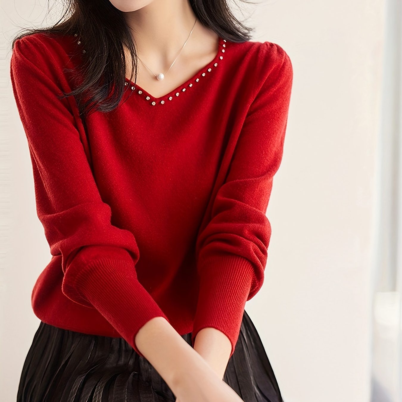 

Elegant Red Beaded V-neck Sweater For Women - Casual Long Sleeve Knit Top, Stretchy & Soft Viscose/polyester , Fall & Winter