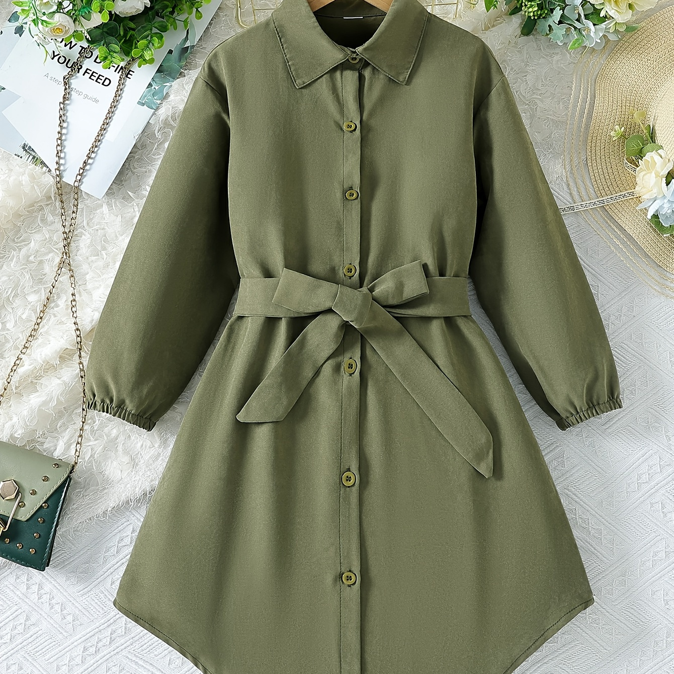 

Girls Solid Lapel Long Sleeve Shirt Dress Solid Color Belt Waist Elegant Dress For Spring/fall