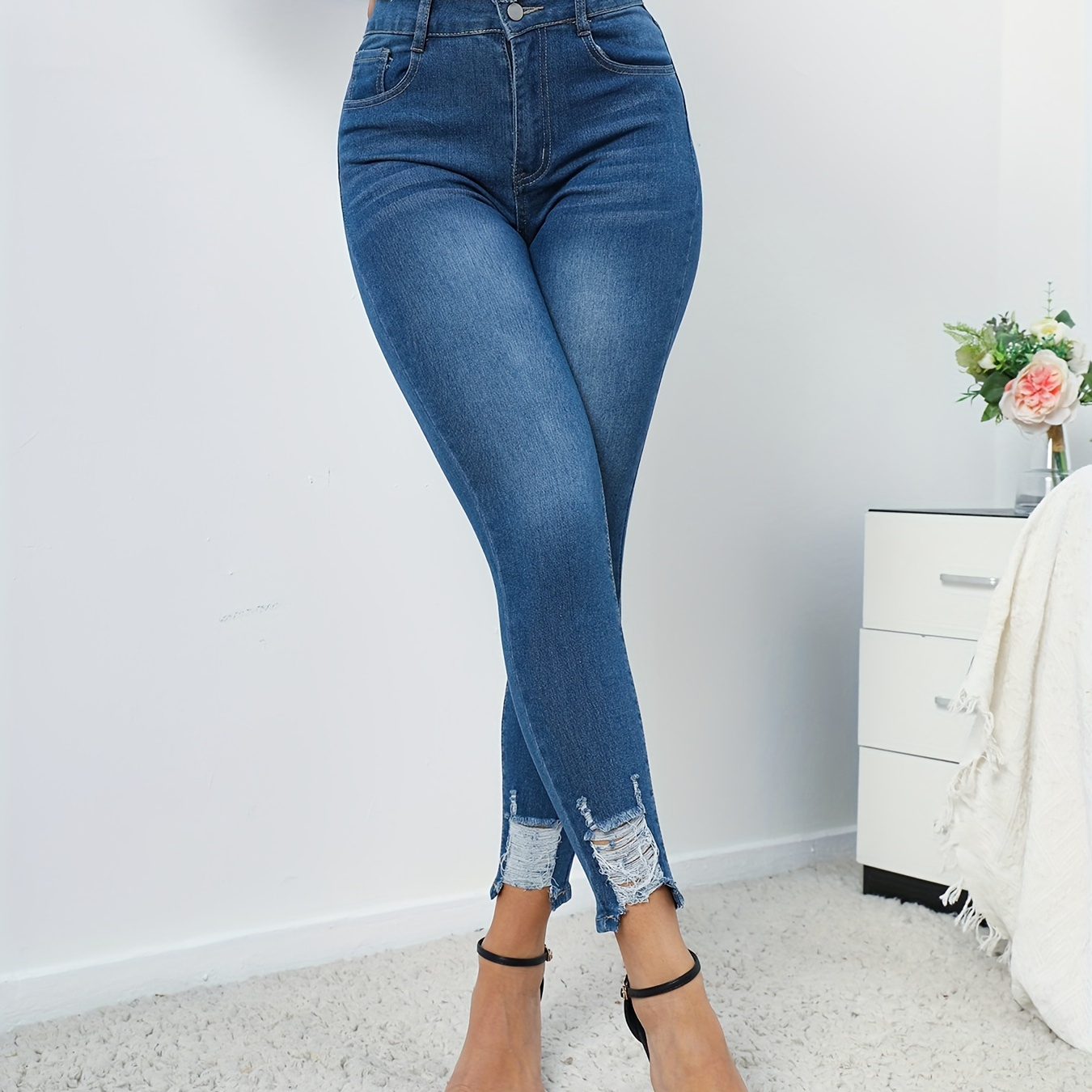 Blue * Trim Waist Skinny Jeans, Slim Fit Ripped Holes High Stretch Tight  Jeans, Women's Denim Jeans & Clothing