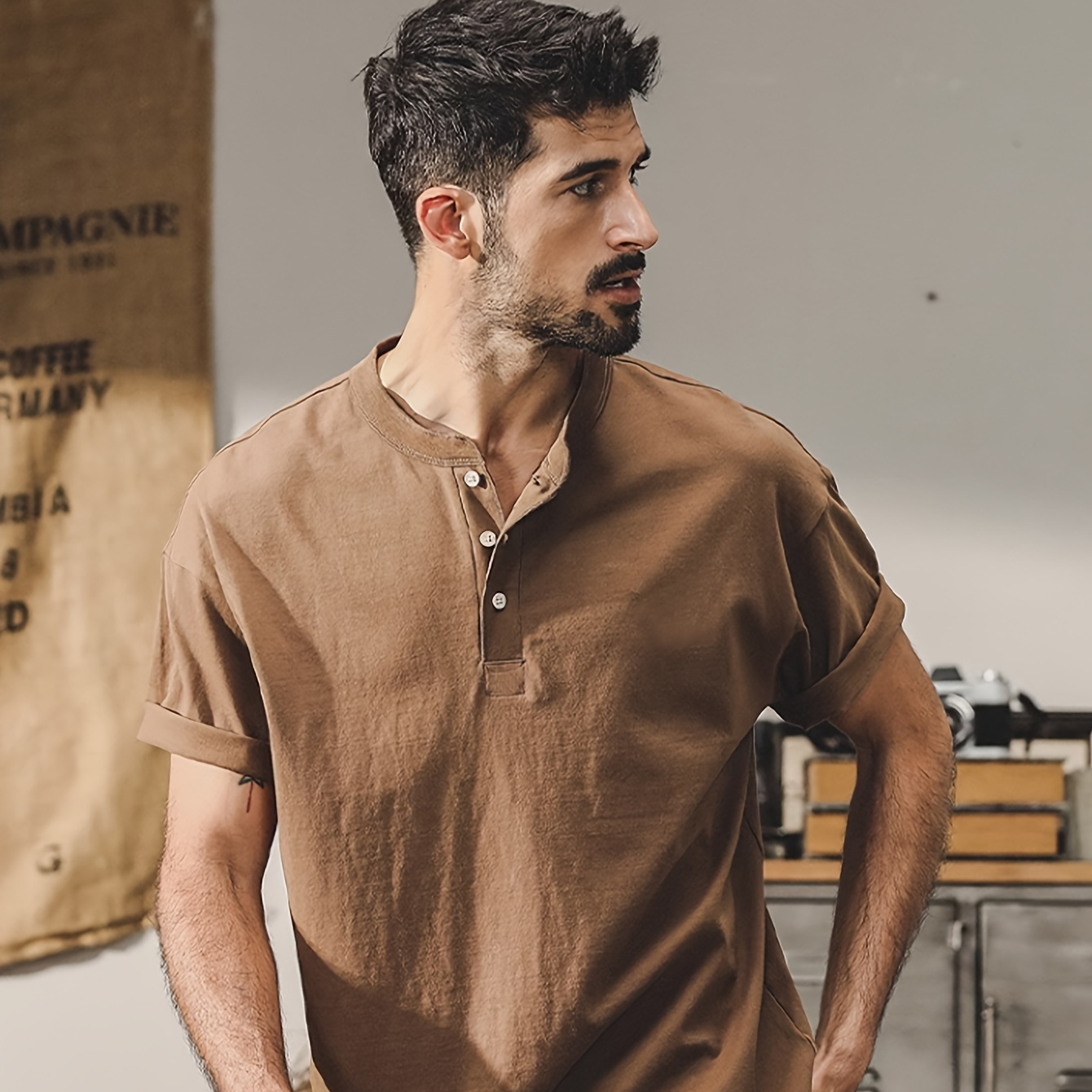 

Men's Solid Short Sleeve Henley Shirt, Made With Cotton And Linen Fabric, Casual And Chic For Summer Leisurewear And Beach Vacation