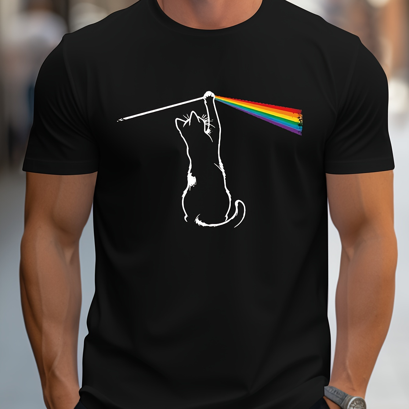 

Cat Print Men's Crew Neck Fashionable Short Sleeve Sports T-shirt, Comfortable And Versatile, For Summer And Spring, Athletic Style, Comfort Fit T-shirt, As Gifts