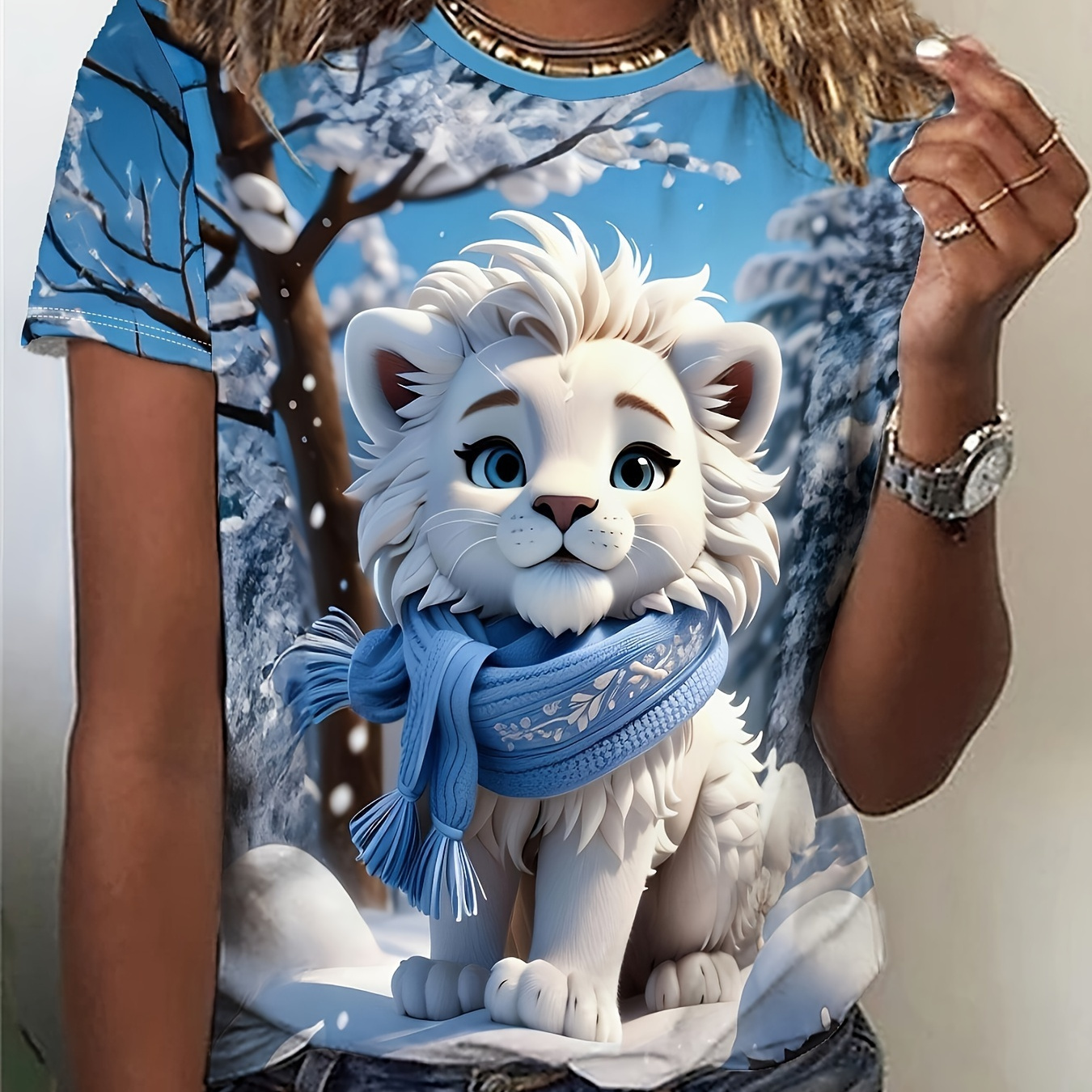 

Women's Casual Crew Neck T-shirt With Unique Lion Print - Soft Polyester, Machine Washable, Spring/summer/fall